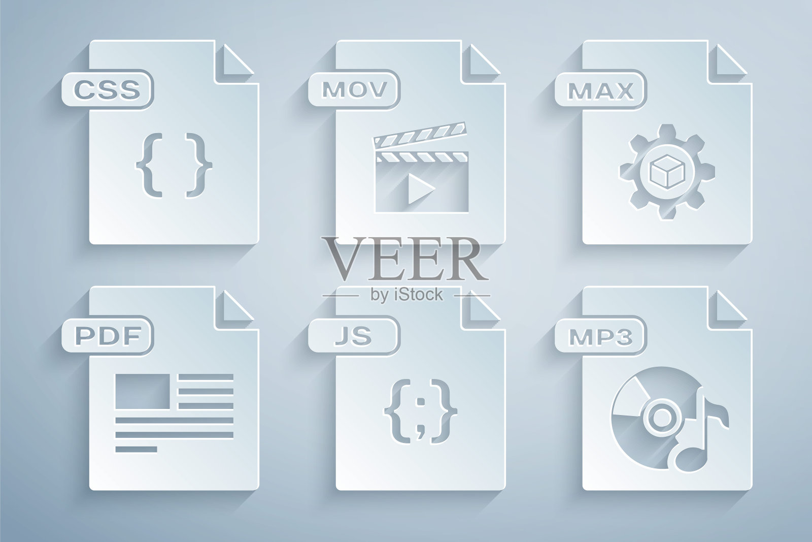 设置JS文件文档,MAX, PDF, MP3, MOV和CSS图标。向量插画图片素材