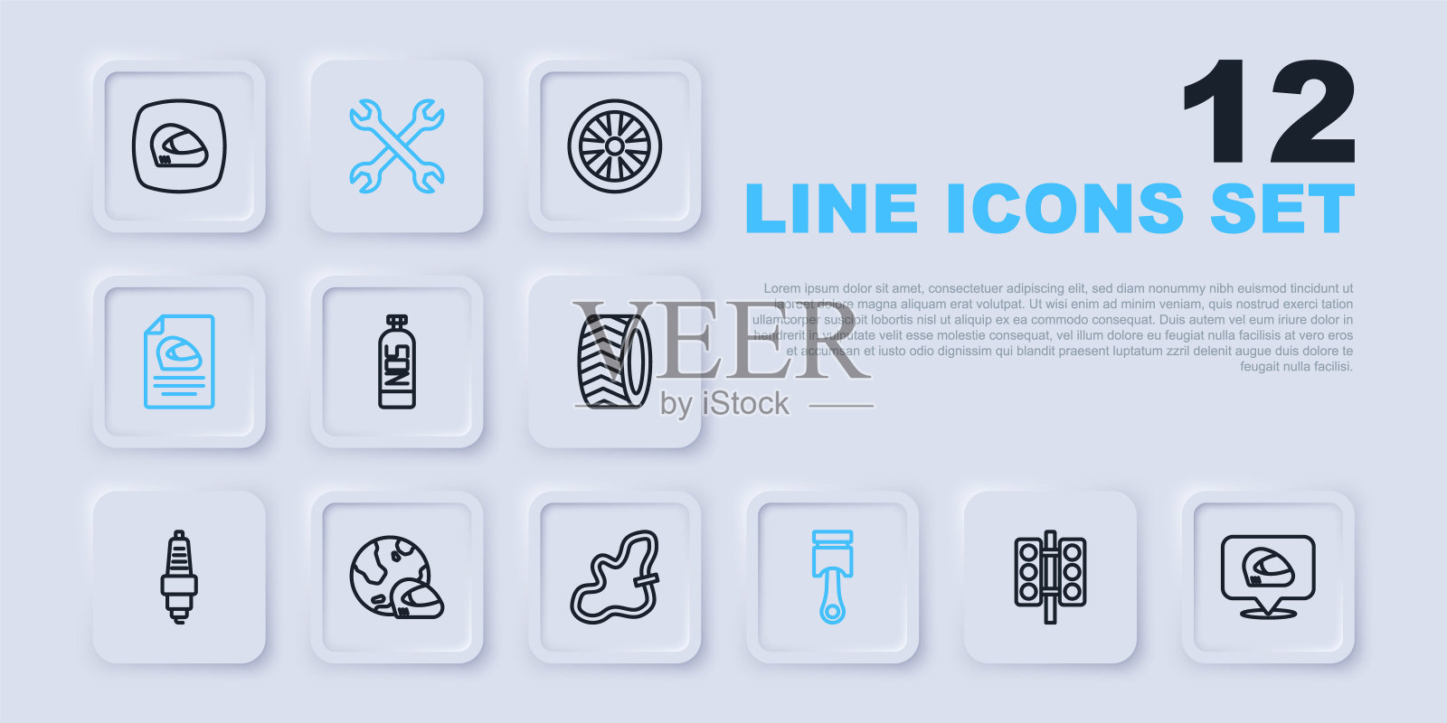 设置线赛车交通灯,头盔,氧化亚氮,发动机活塞,扳手扳手和轨道图标。向量插画图片素材