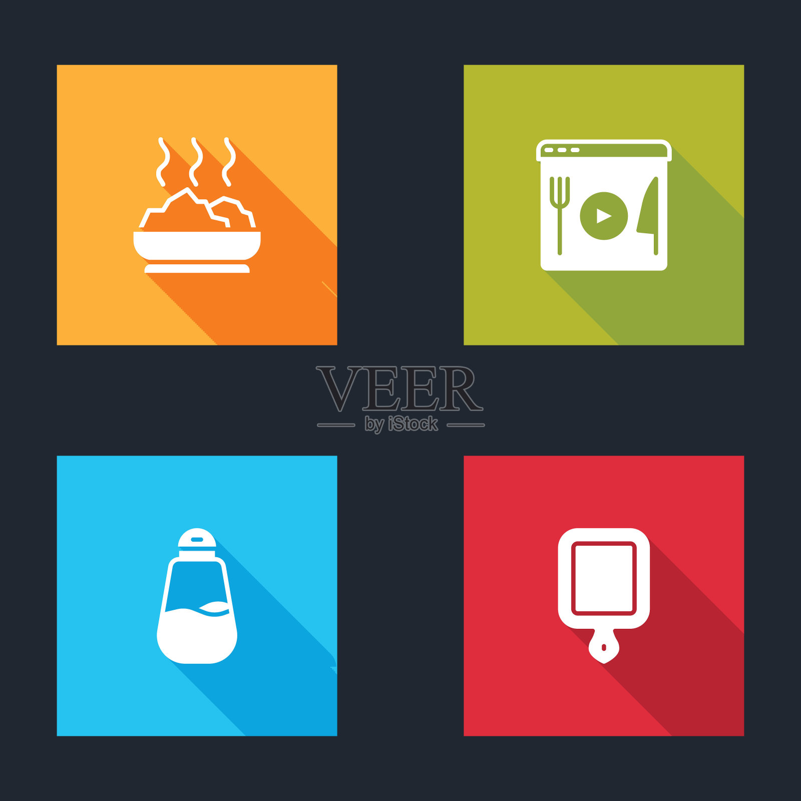 设置碗热汤,烹饪直播,盐和砧板图标。向量插画图片素材