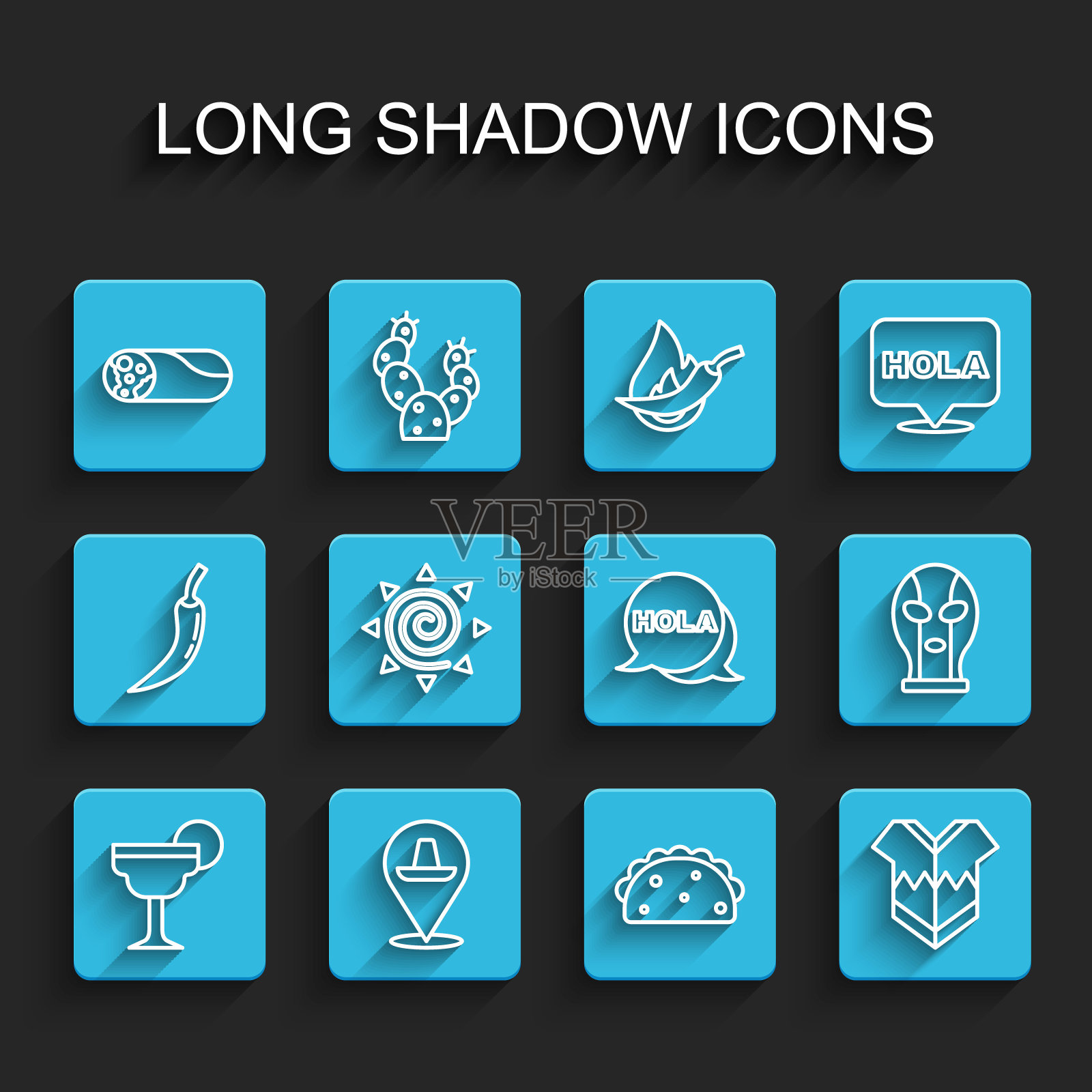 玛格丽塔鸡尾酒,墨西哥宽边帽,墨西哥卷饼,墨西哥玉米卷饼,斗篷,太阳,摔跤手和Hola图标。向量插画图片素材