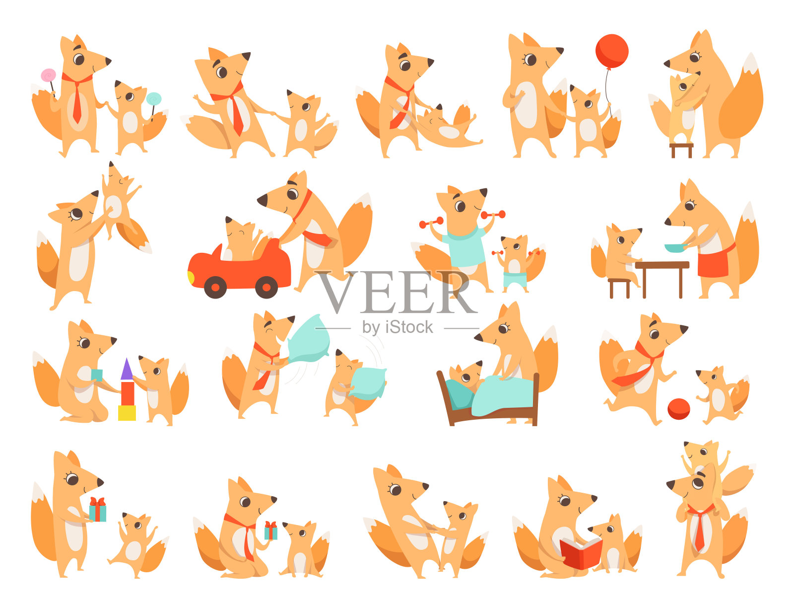 爱狐狸妈妈和爸爸的角色与它的幼崽从事不同的活动向量大集插画图片素材