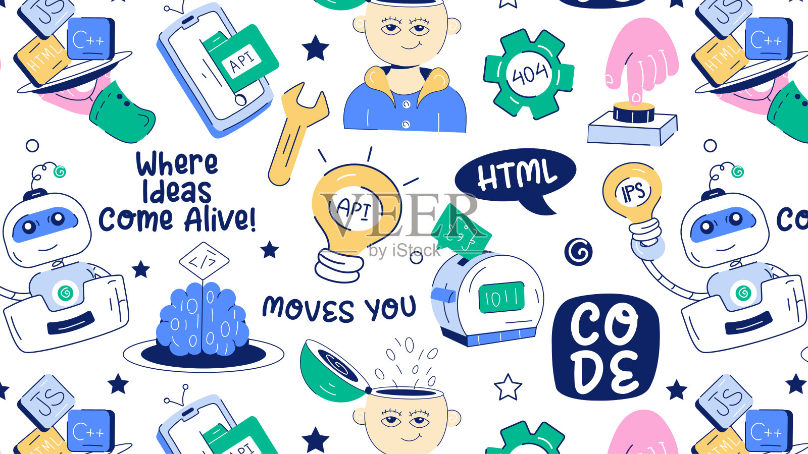 一个带有编码、网页和开发元素的涂鸦无缝模式插画图片素材