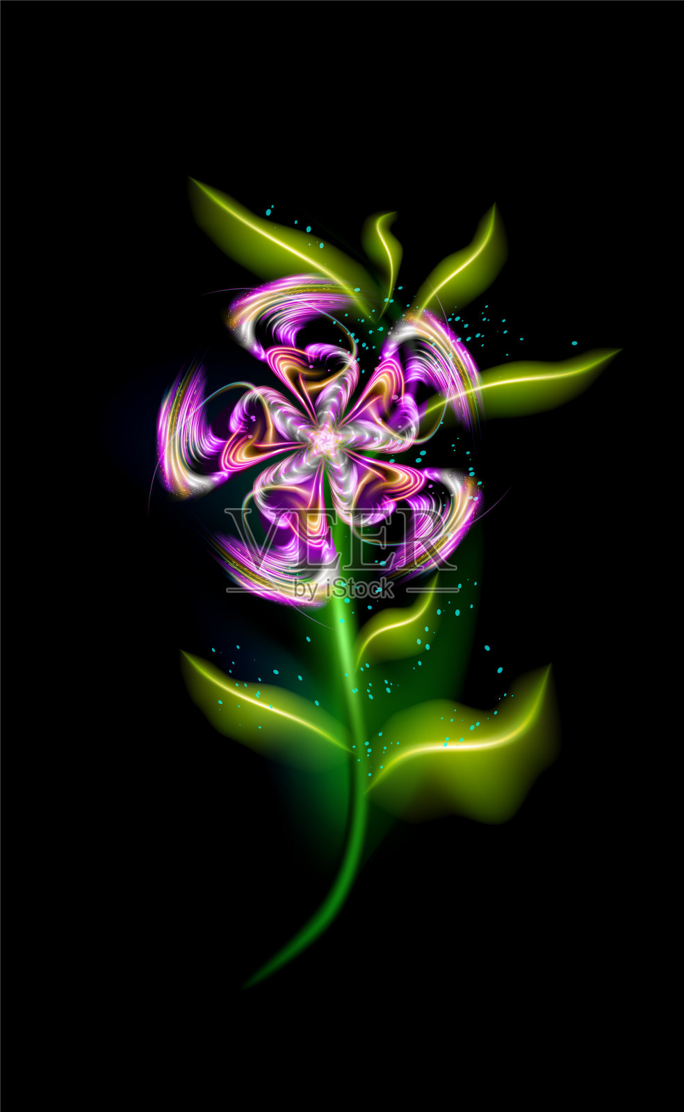 现代发光的紫色花。彩色的观赏花卉紫罗兰元素在黑色的背景。美丽的紫色照明饰品与装饰豪华辉光为您的设计插图插画图片素材