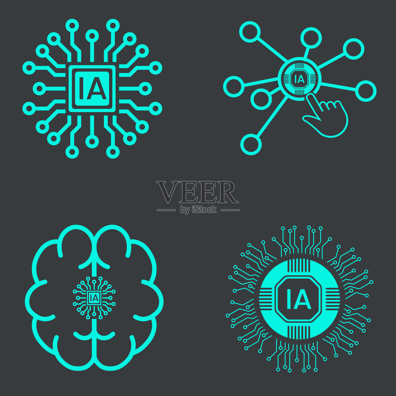 收集技术图标,如机器人,数字,vr, ai,网络和矢量线图标矢量剪贴画设计,四个人工智能图标,符号,元素UI插画图片素材