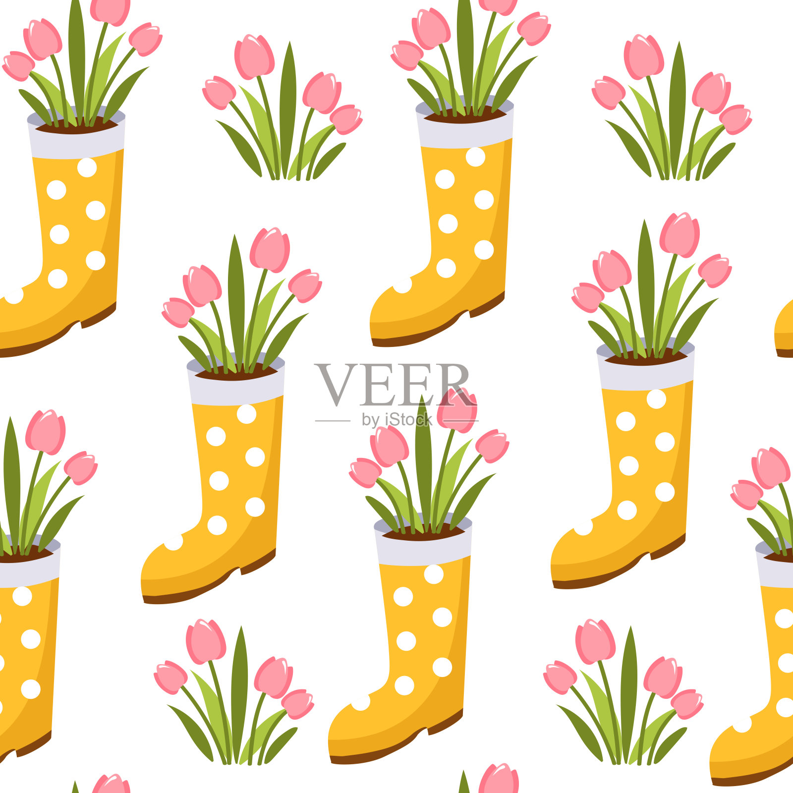 弹簧无缝花纹。黄色橡胶靴与波尔卡点与粉红色郁金香在白色的背景。插画图片素材
