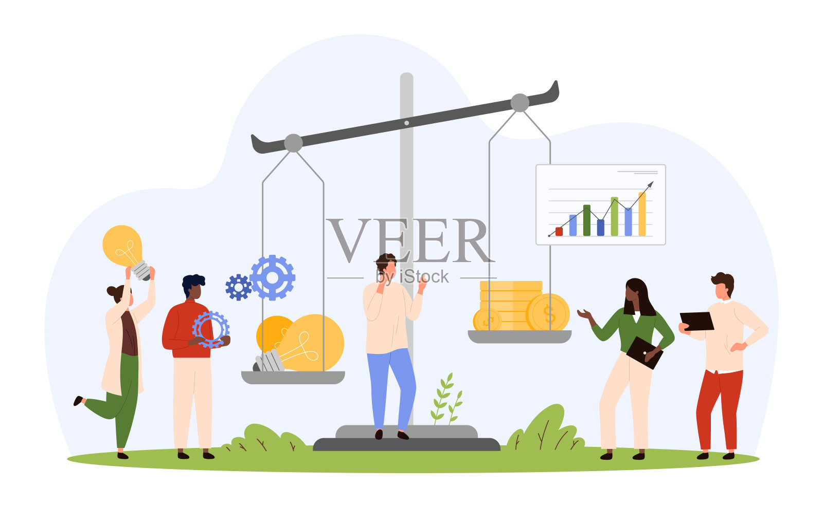 投资和收益的比较,小人在天平上称灯泡和钱插画图片素材