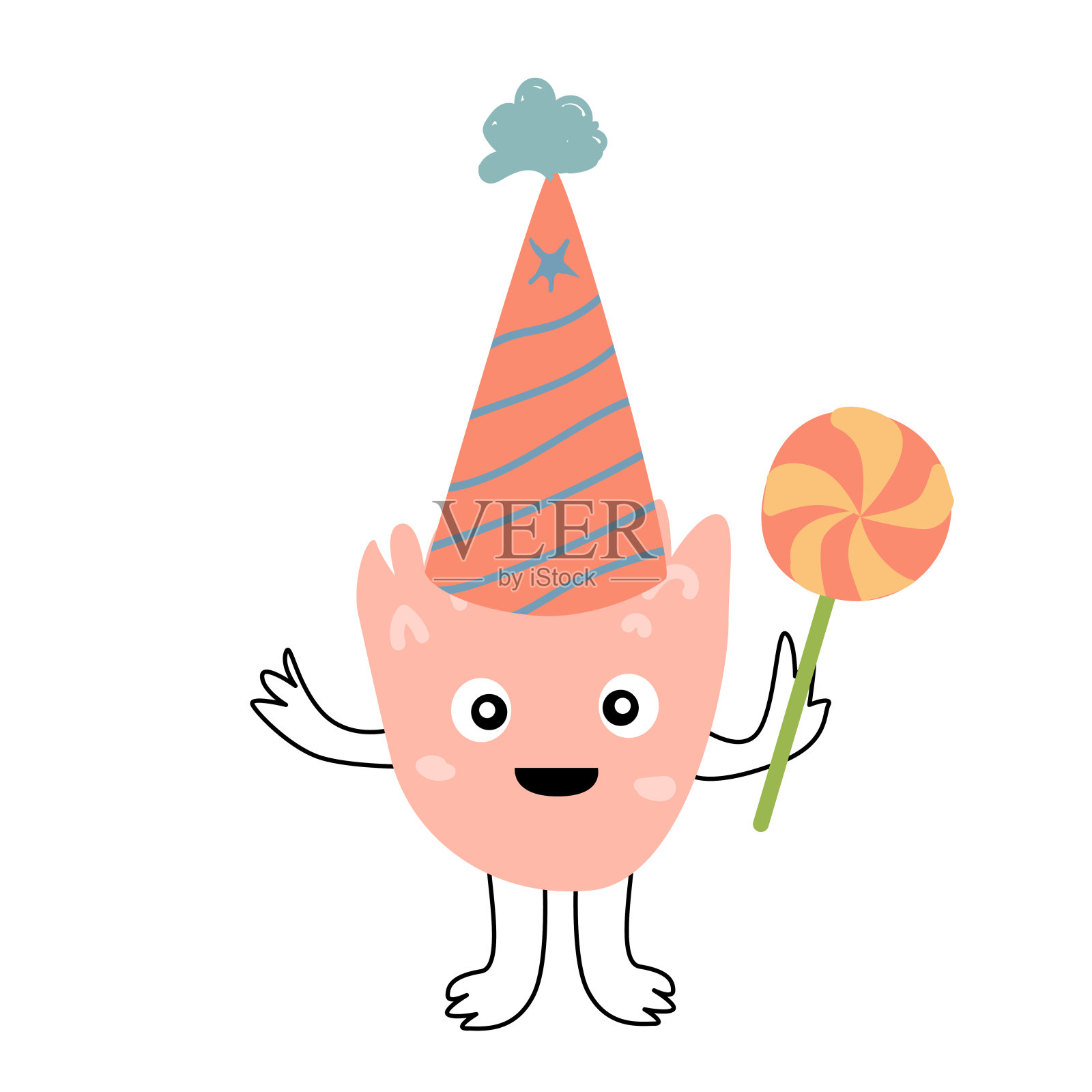 可爱的怪物,生日帽上有棒棒糖插画图片素材
