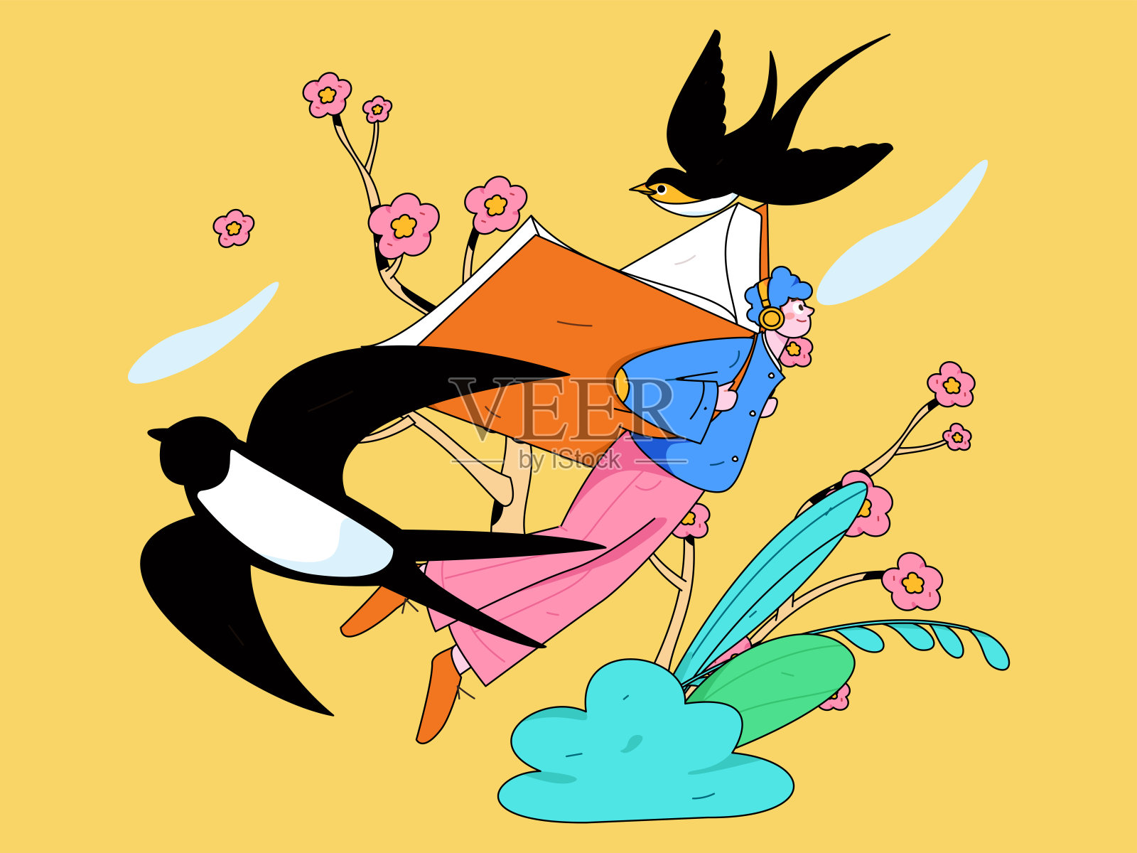 二十四节气:立春、下雨、惊蛰、春风、清明、谷雨,平面人物矢量概念操作手绘插画插画图片素材