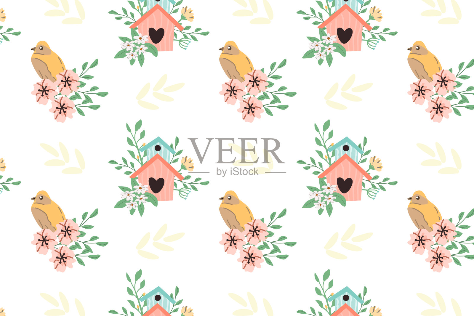 手绘春鸟和鸟屋花图案插画图片素材