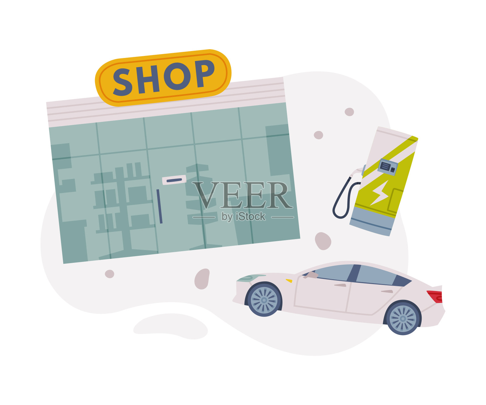 汽车和商店矢量组成的电动加油站作为机动车燃料设施插画图片素材