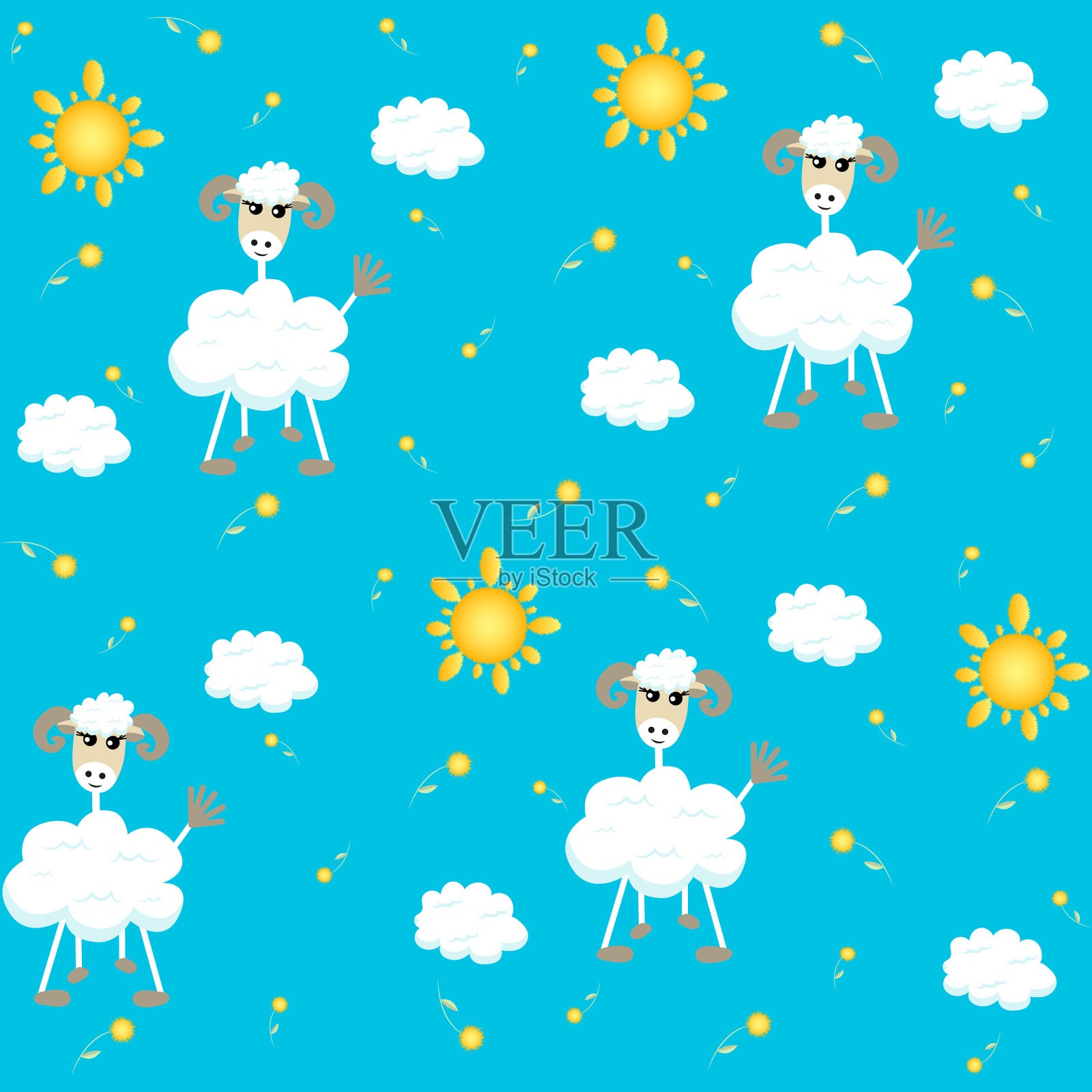无缝图案的孩子在一个扁平的风格。云像羊羔和绵羊,太阳,花和云在蓝色的背景。插画图片素材