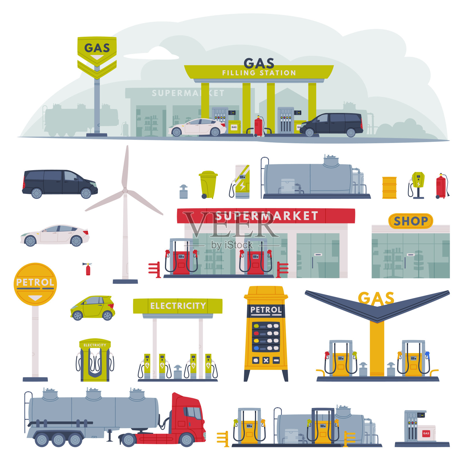 加油站作为机动车燃料销售设施的向量集插画图片素材