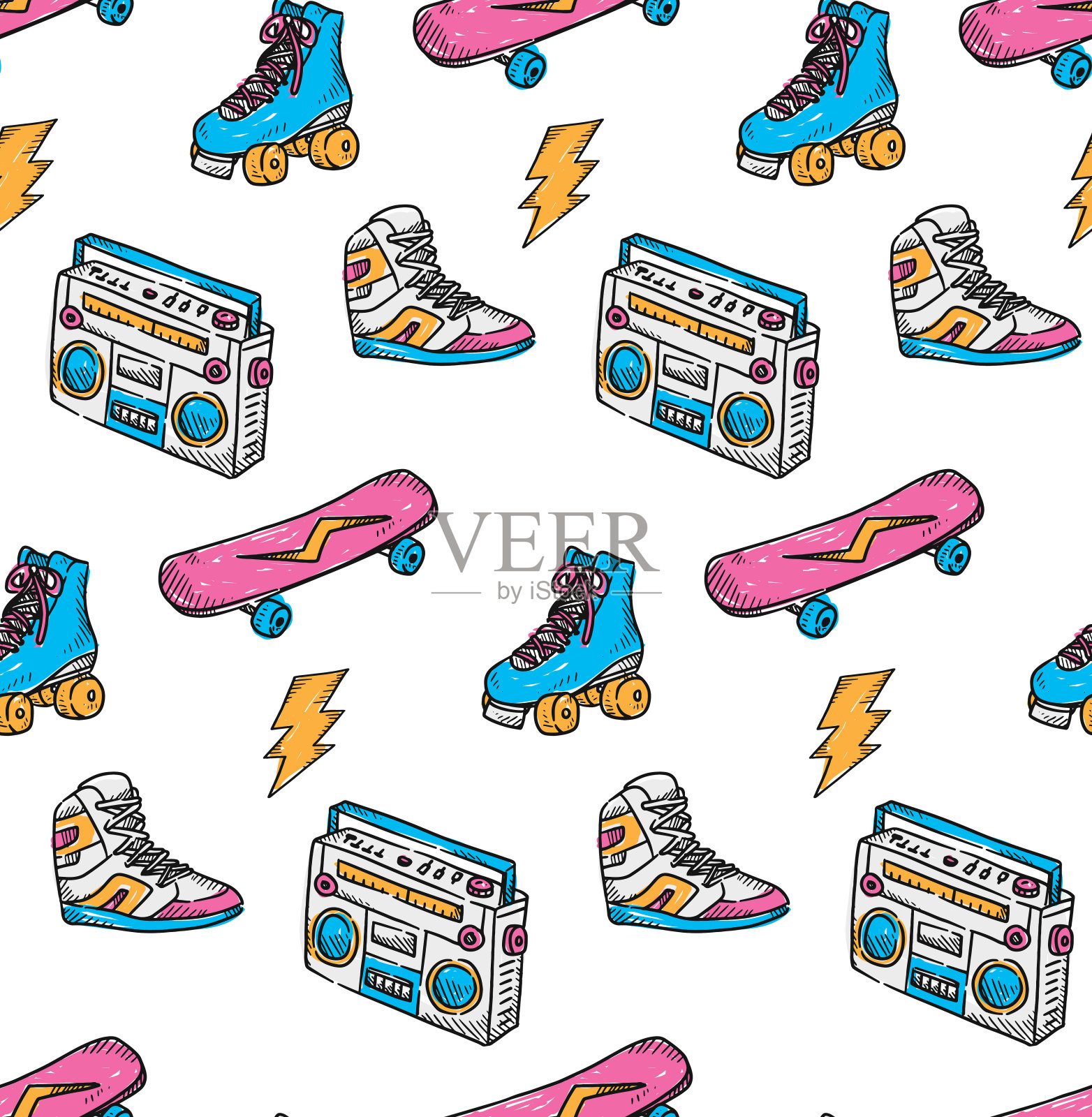 复古涂鸦风格的无缝背景插画图片素材