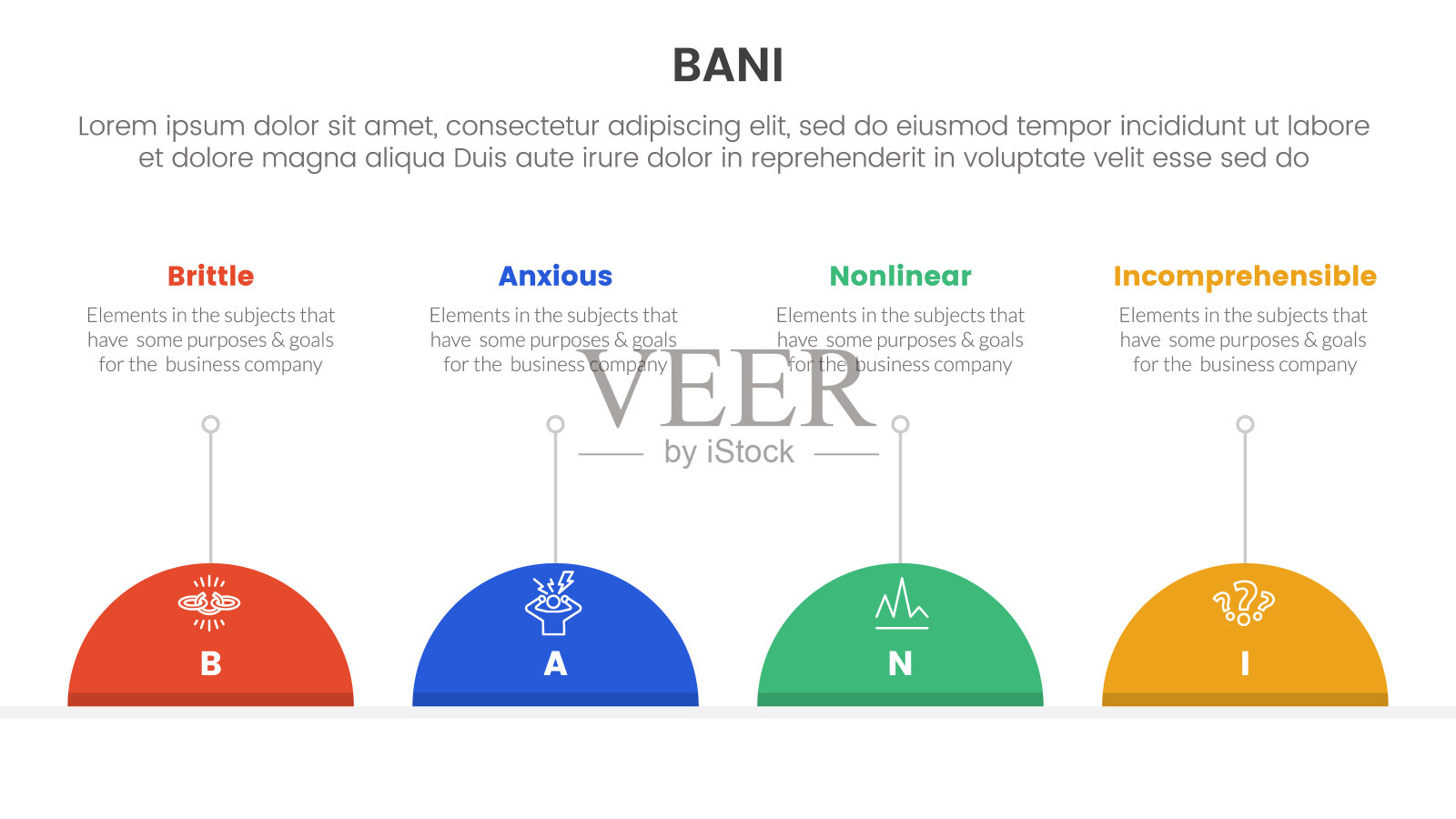 巴尼世界框架信息图4点舞台模板与半圆和线条描述幻灯片演示插画图片素材