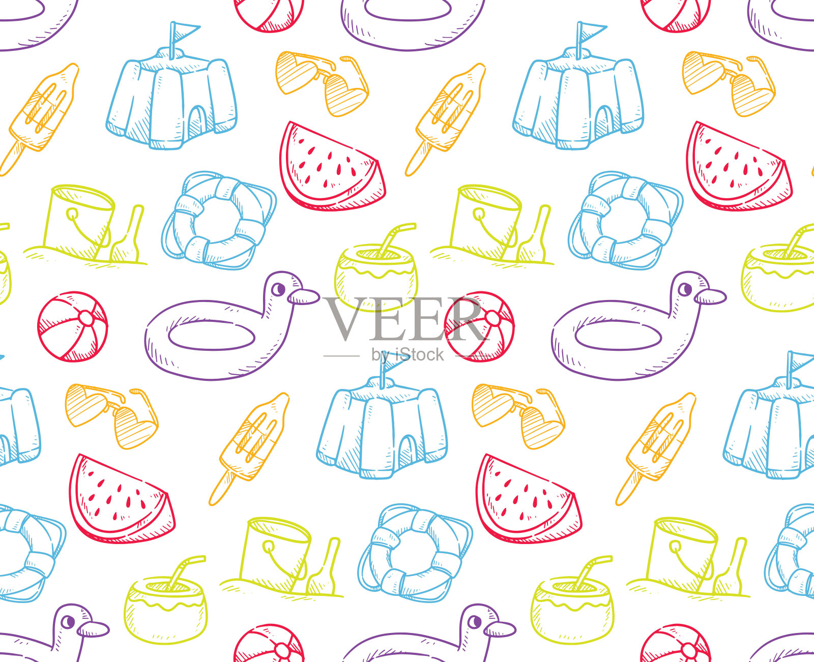 暑假主题无缝背景涂鸦风格插画图片素材