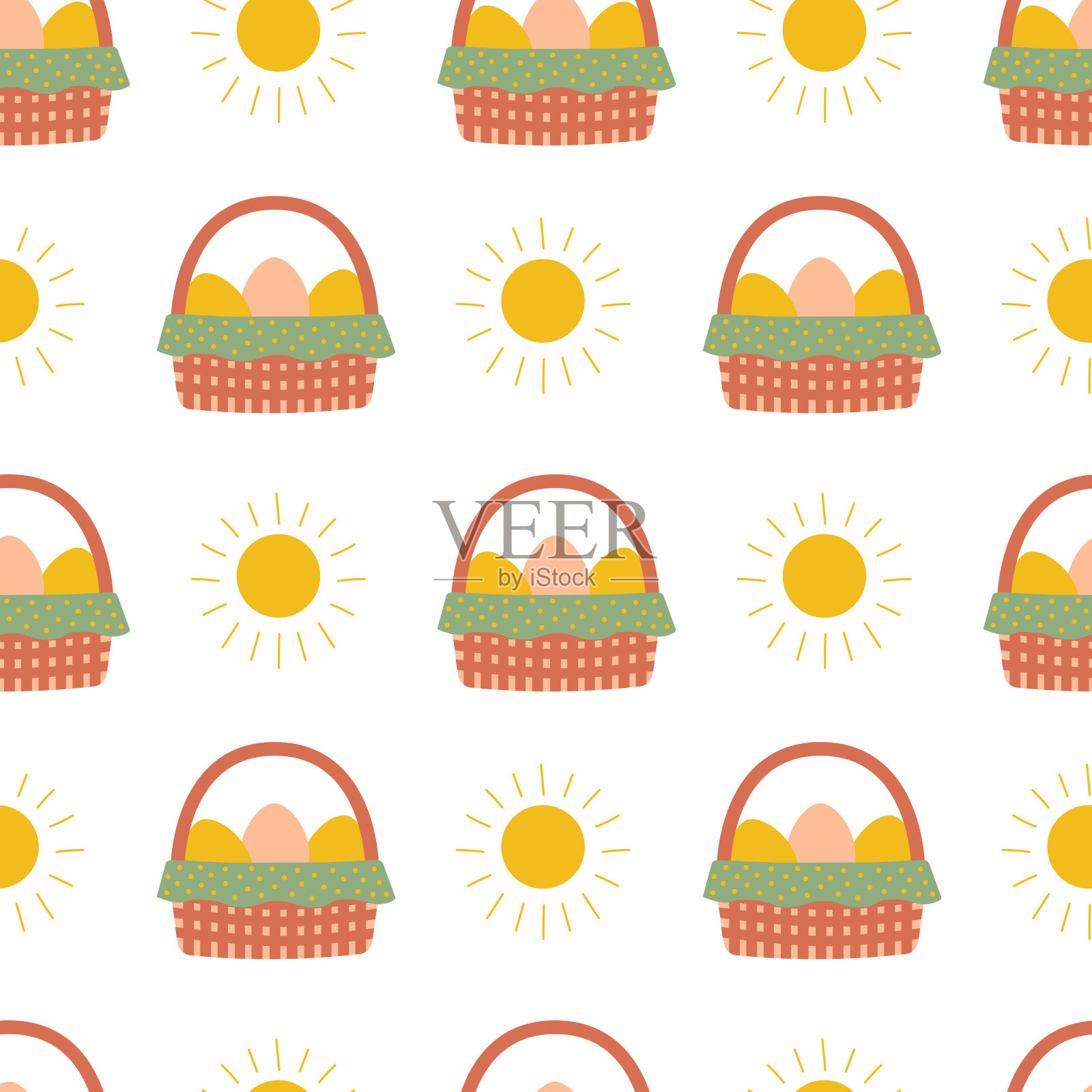 复活节无缝图案,鸡蛋在篮子里和太阳。隔离矢量图案包装,卡片,背景,纺织品插画图片素材