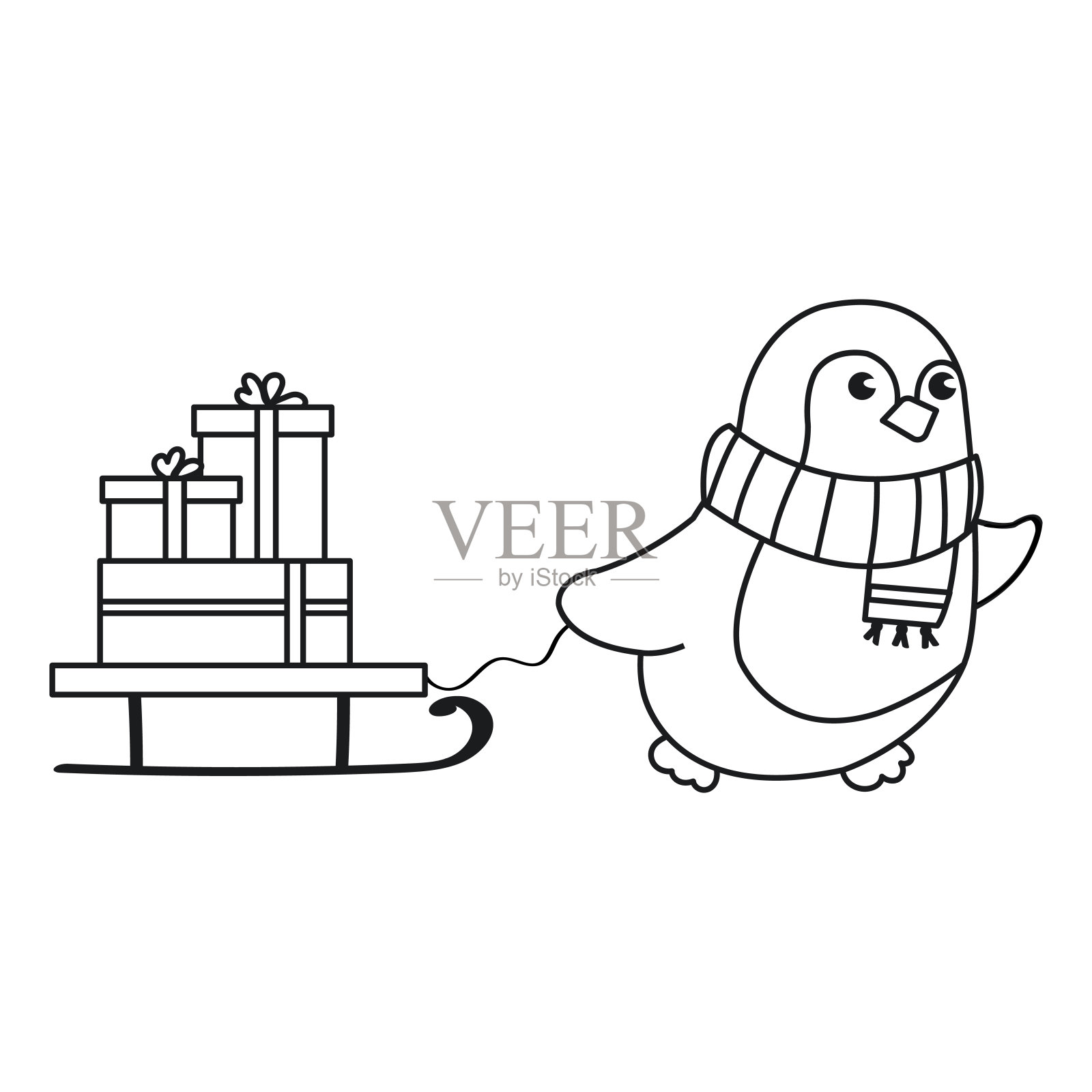 填色页上有企鹅和装满礼物的雪橇。黑白圣诞人物。可爱的冬天动物。插画图片素材