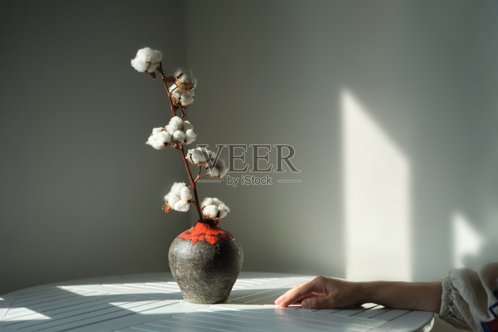 在最小的厨房里,白色的木桌上放着一个花瓶里的棉花花照片摄影图片