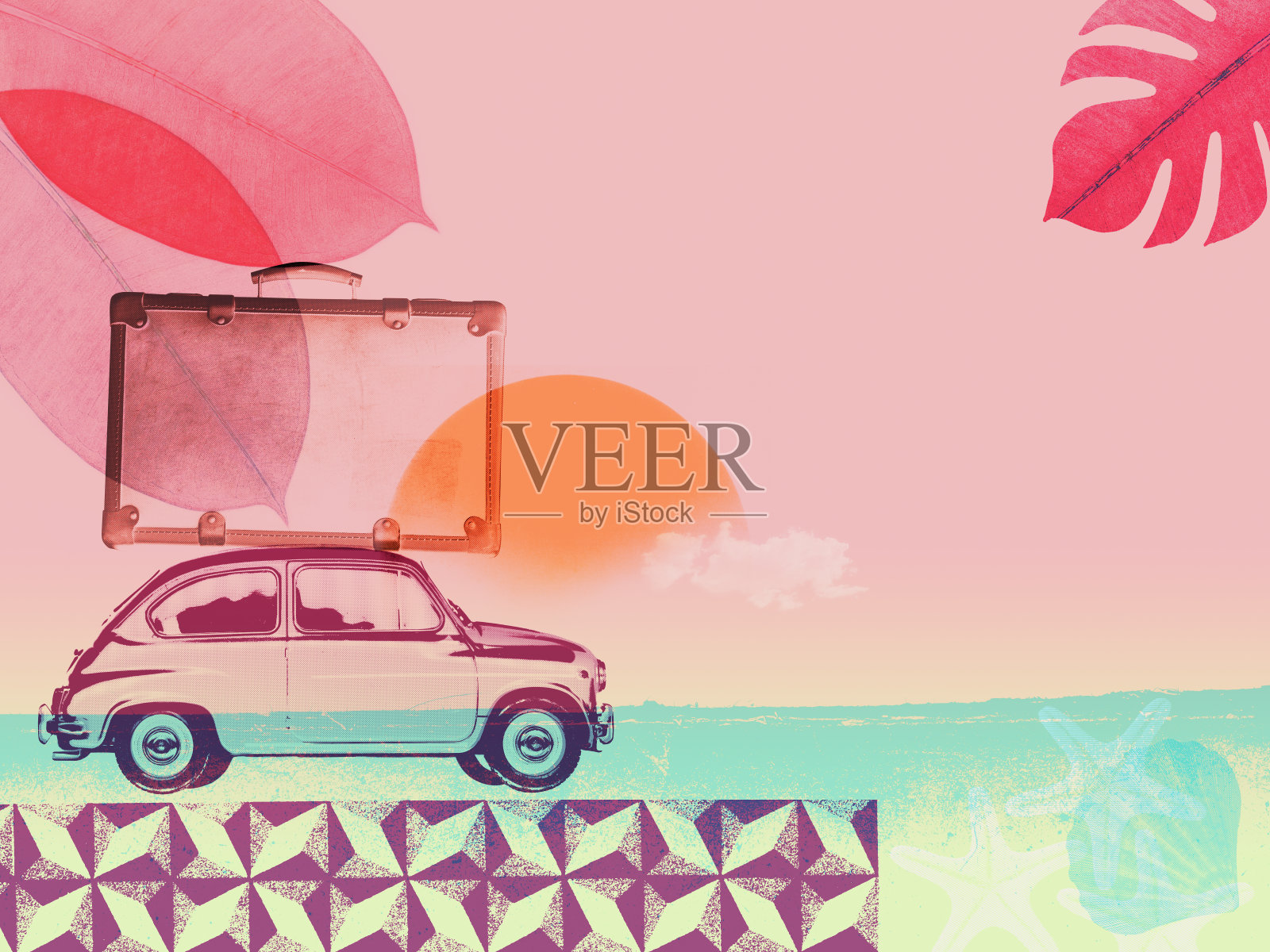 暑假复古海报配老爷车照片摄影图片