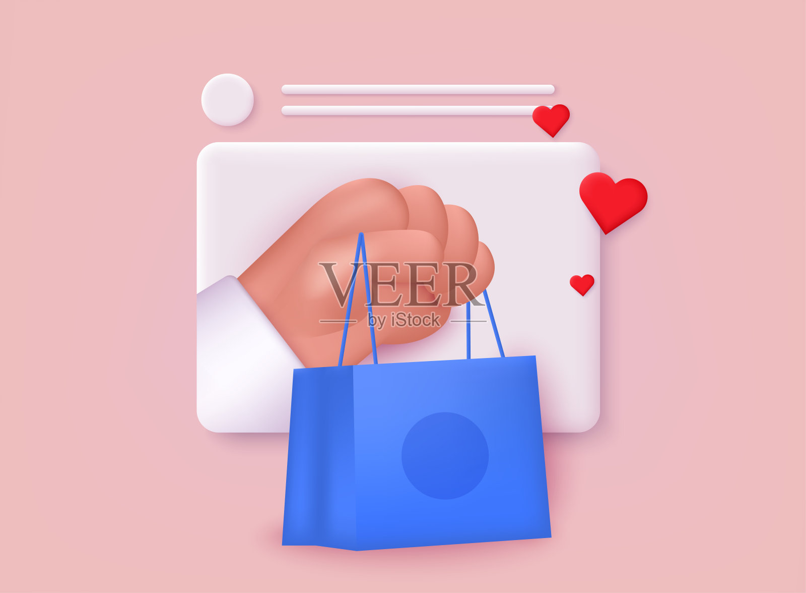 卡通手持购物袋从屏幕上出来。网上购物或送货概念说明。3D网络矢量插图。插画图片素材