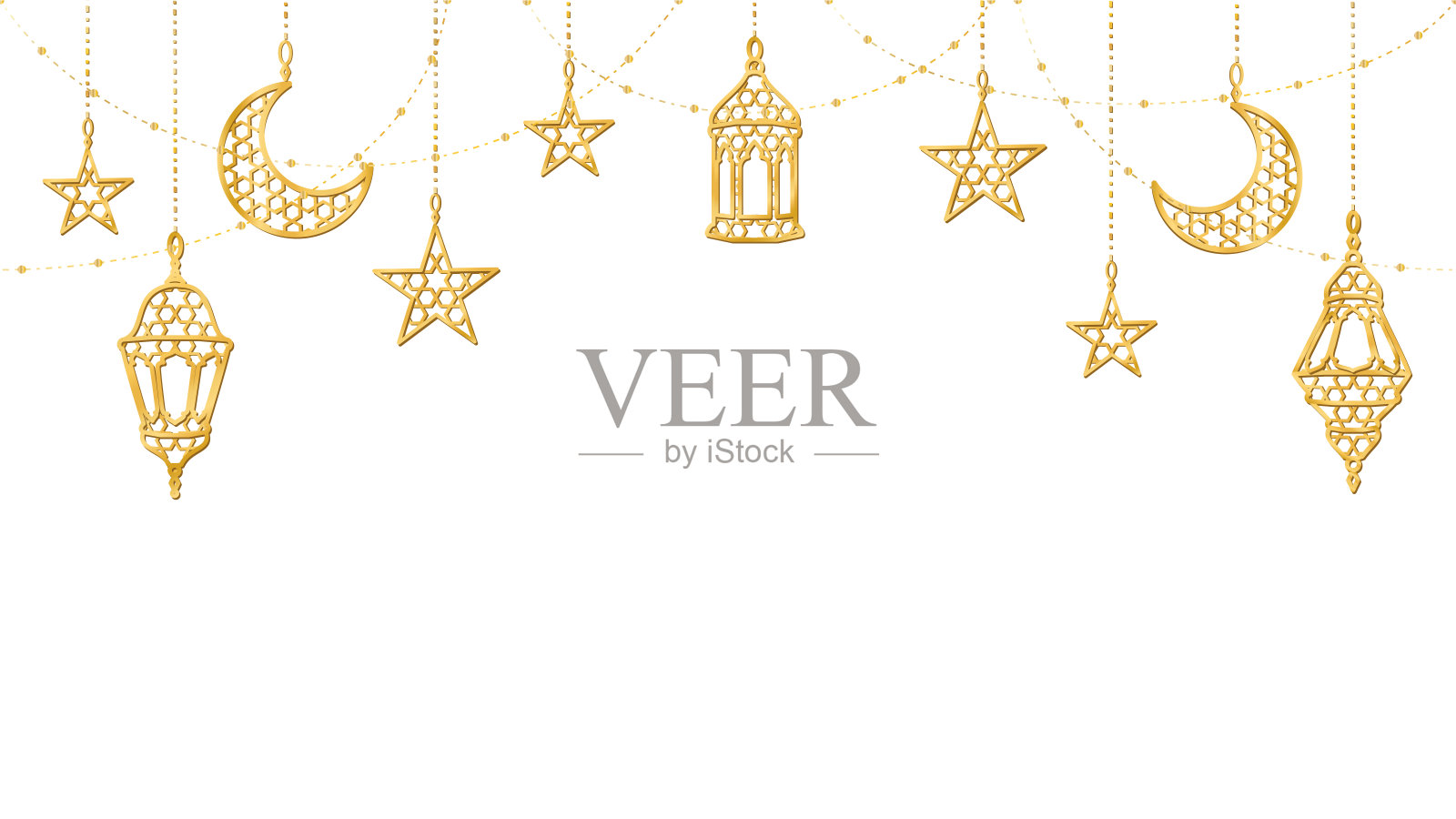 斋月金色装饰。挂着灯笼、月牙、星星。伊斯兰教庆祝边界。插画图片素材