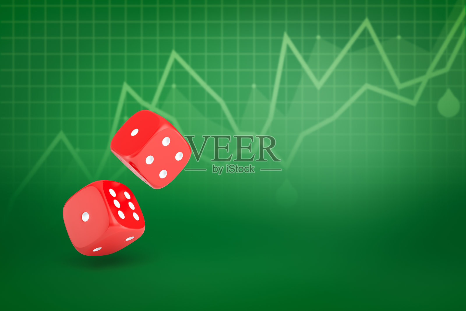 三维渲染的两个红色赌场骰子在绿色的图表线条的背景照片摄影图片
