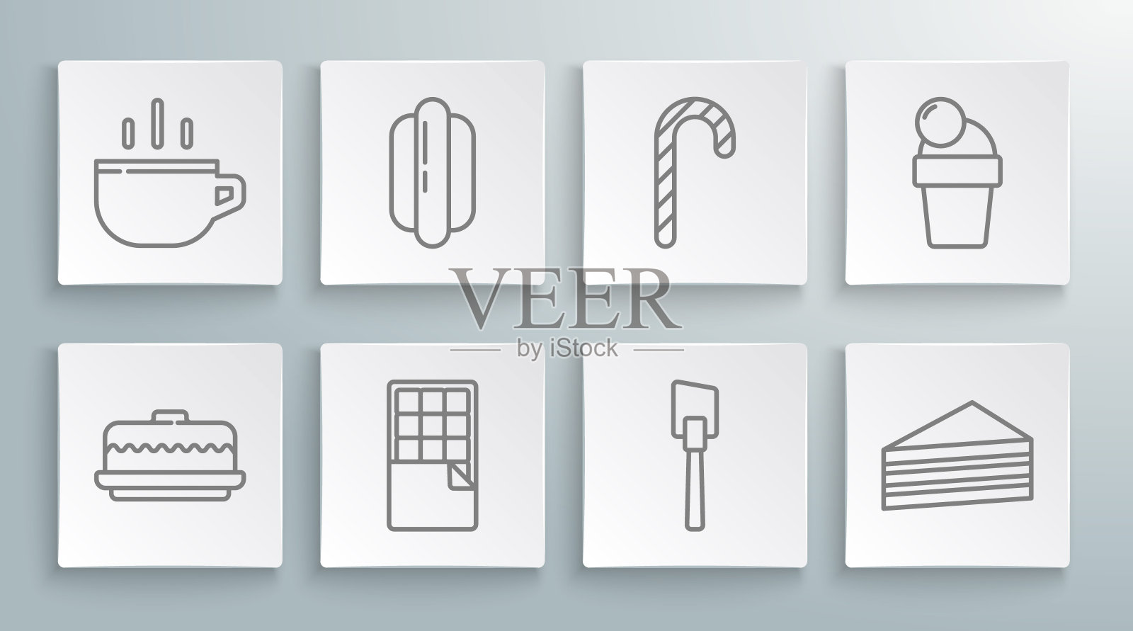 集线蛋糕,热狗三明治,巧克力棒,锅铲,圣诞拐杖糖,冰淇淋和咖啡杯图标。向量插画图片素材