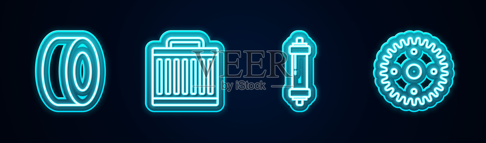 生产汽车轮胎、散热器冷却系统、减震器、齿轮。发光的霓虹灯图标。向量插画图片素材