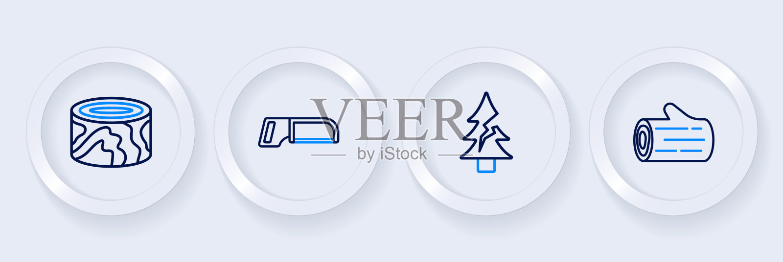 设置线原木,树,钢锯和原木图标。向量插画图片素材