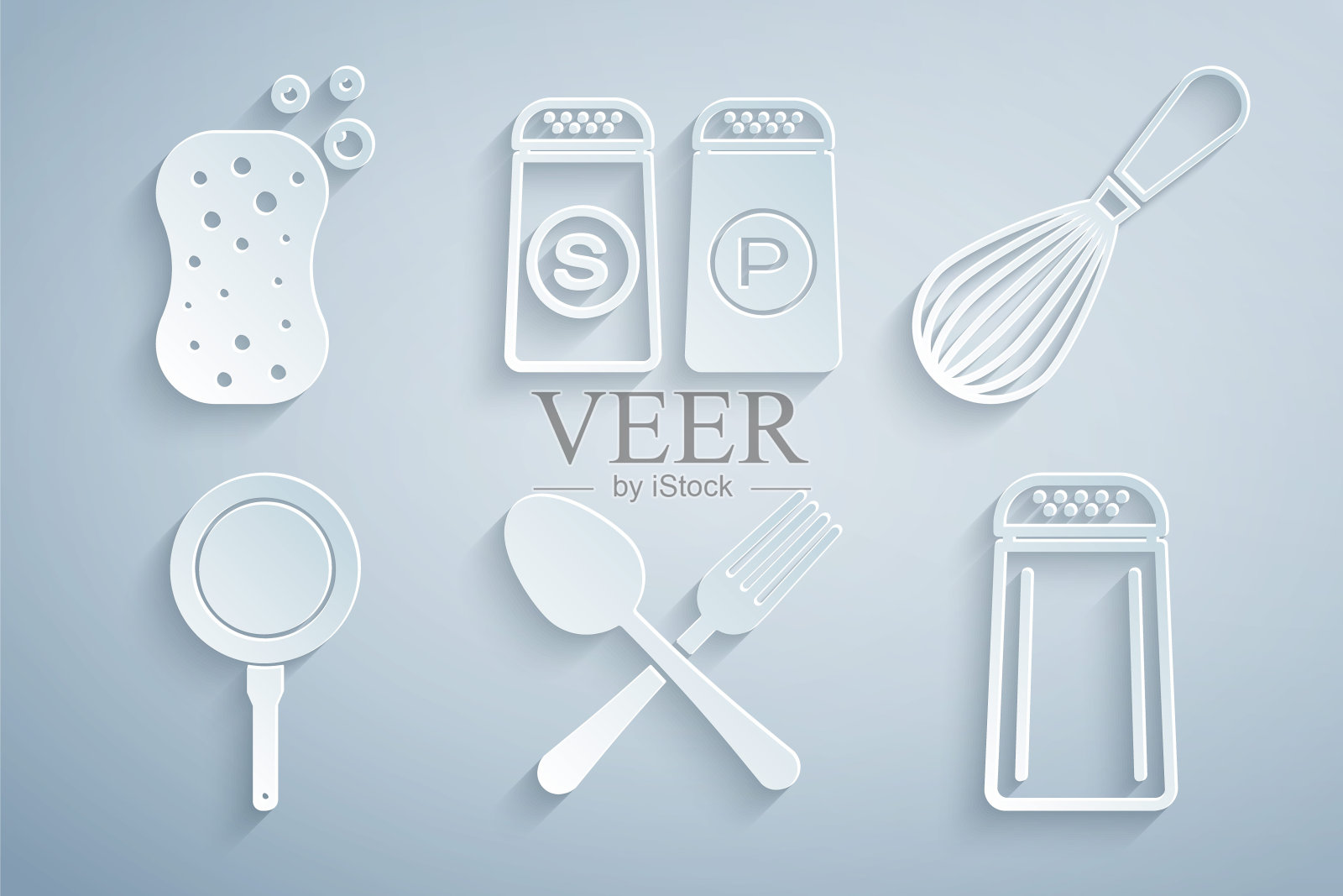 设置交叉叉和勺子,厨房打蛋器,煎锅,盐胡椒,海绵与气泡图标。向量插画图片素材