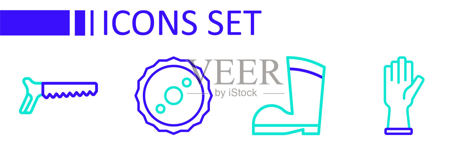 设置线防护手套,防水橡胶靴,圆锯片和手图标。向量插画图片素材