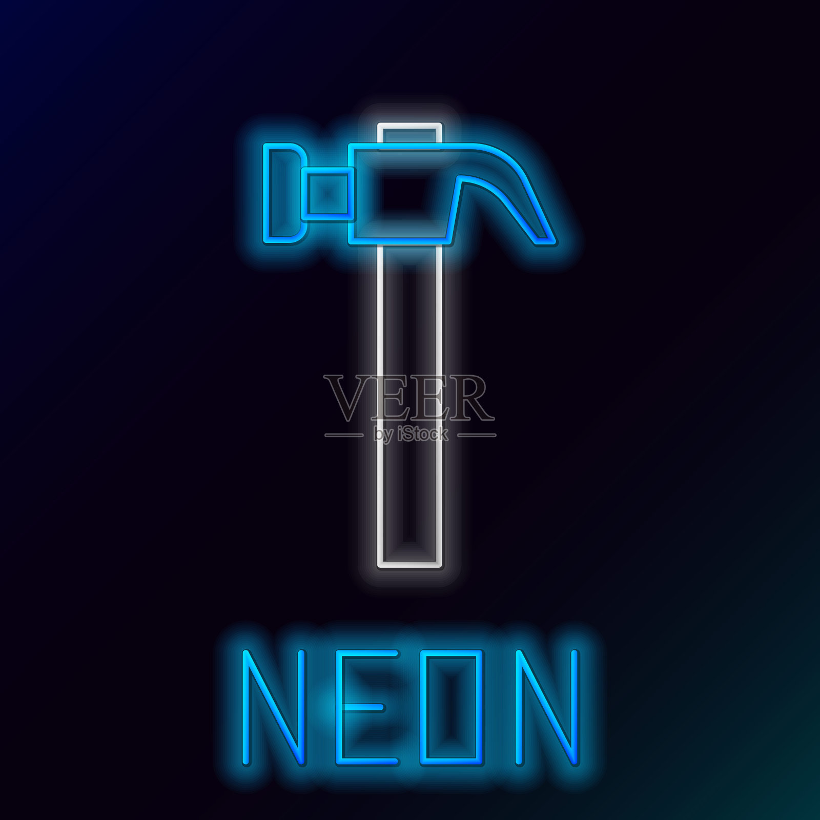 发光的霓虹线锤子图标孤立的黑色背景。修理工具。色彩缤纷的轮廓概念。向量插画图片素材