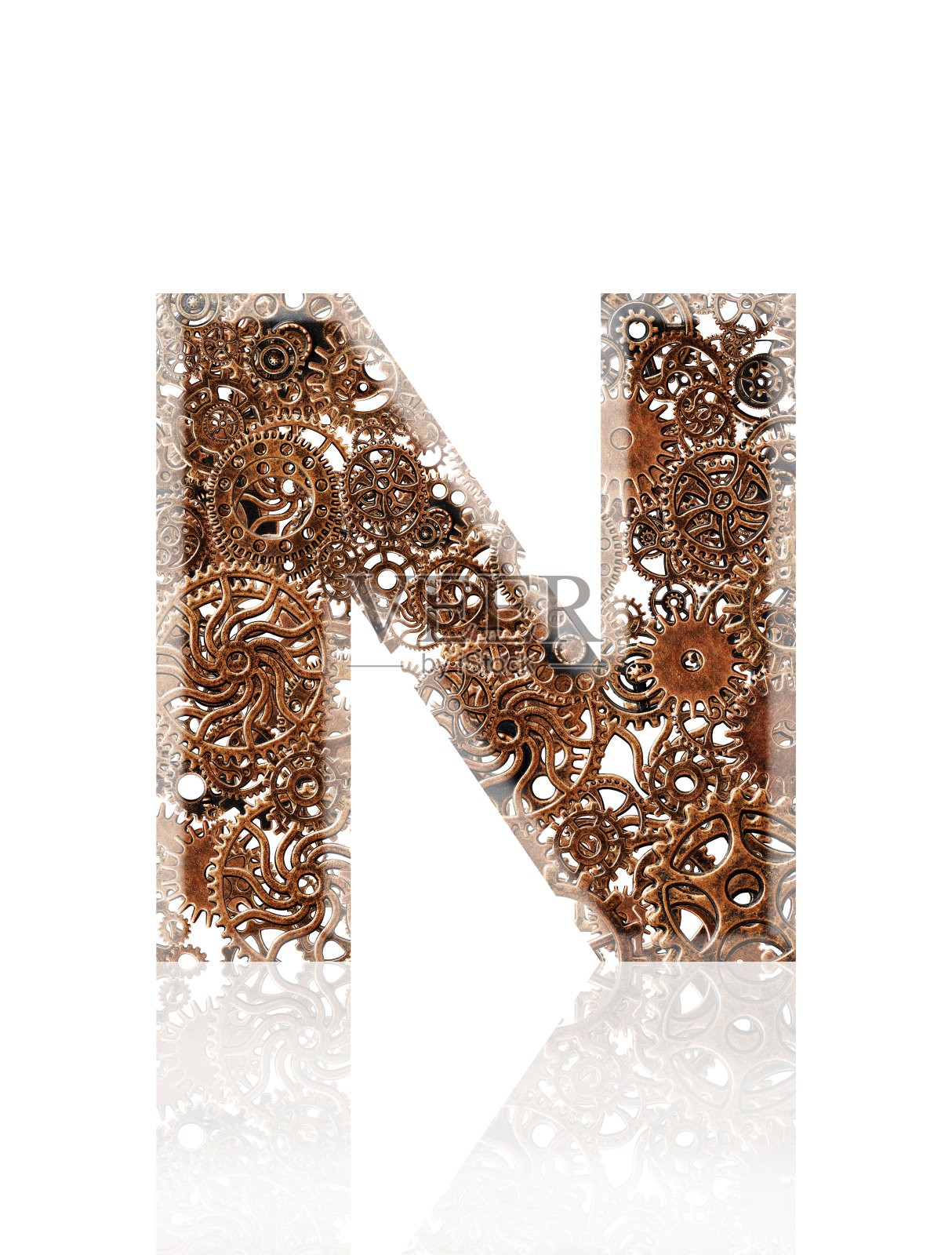 白色背景上的三维金属齿轮字母N的孤立镜头照片摄影图片