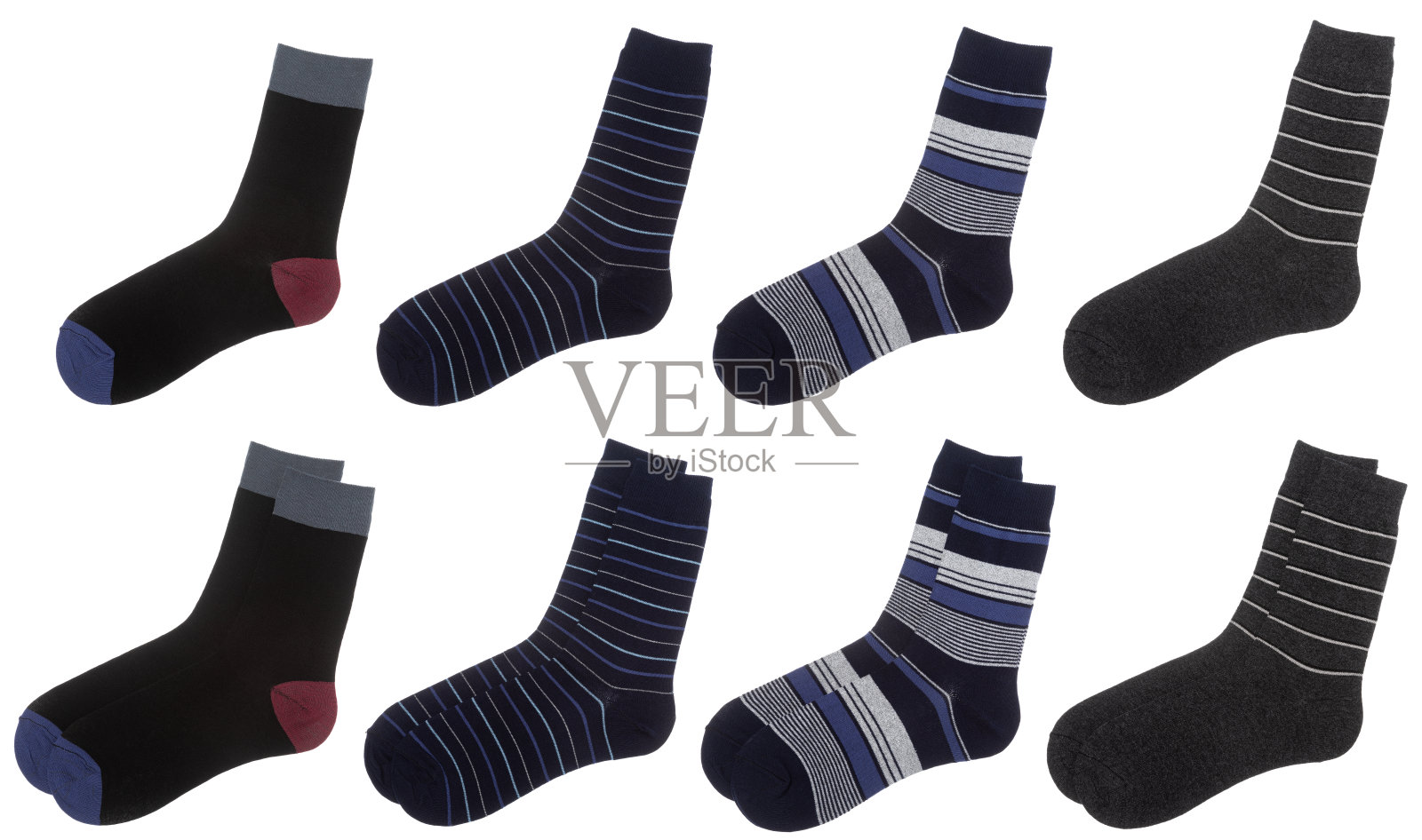 各色男子船员袜子收集在白色的背景照片摄影图片