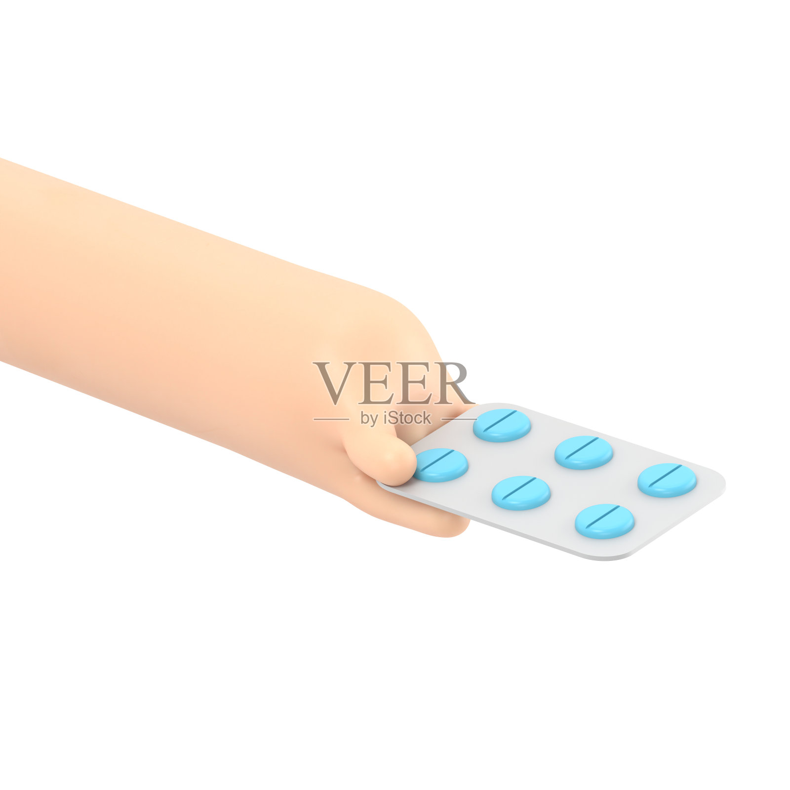 3 d渲染。一包药丸图标。医生或药剂师卡通手与黑色皮肤拿药。医疗保健插图。白色背景的3D渲染。照片摄影图片