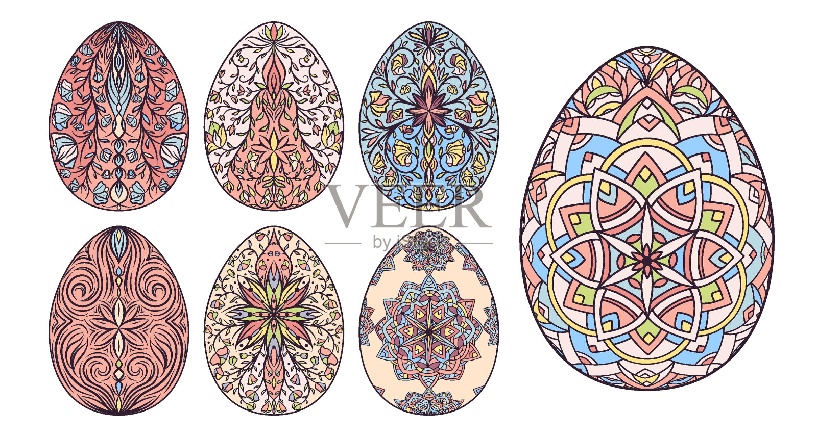 手绘的彩色复活节彩蛋,有图案,卷发,花朵。春天快乐复活节系列用花卉元素,装饰点缀。矢量可爱插图孤立在白色背景上插画图片素材