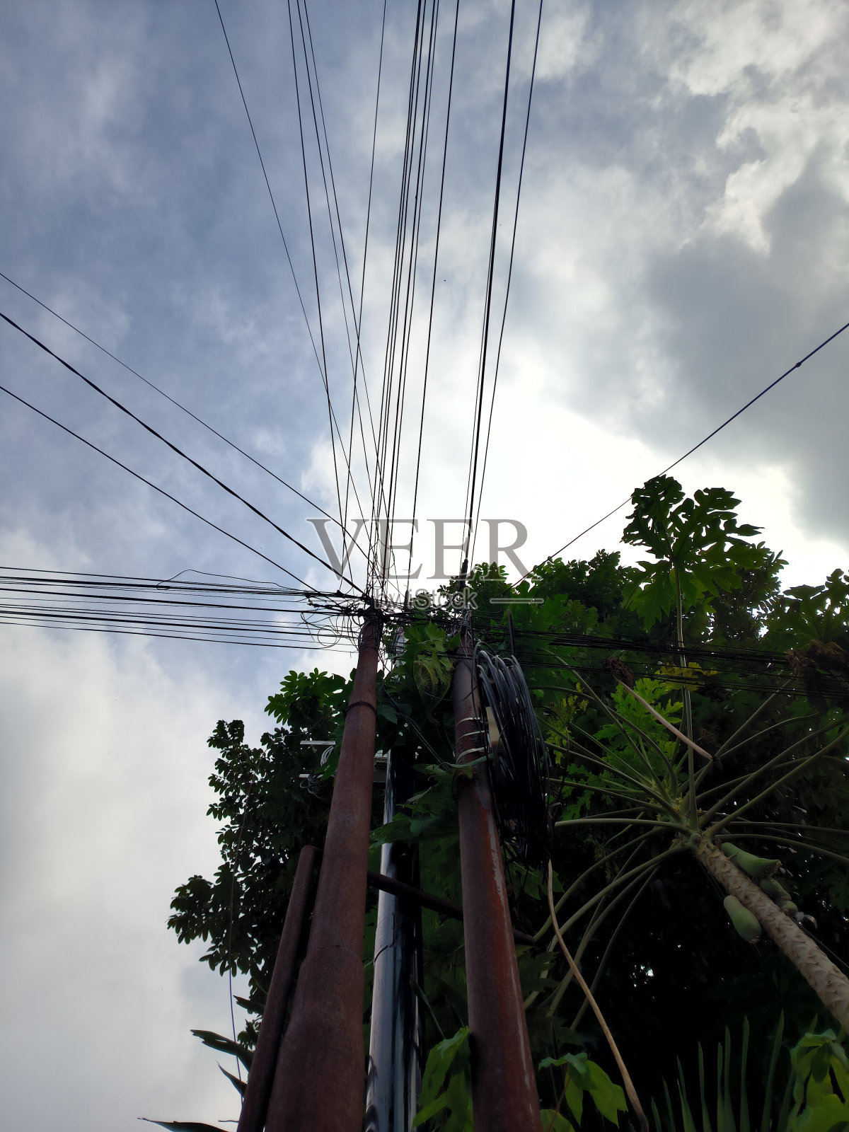 电线杆和大功率电缆照片摄影图片