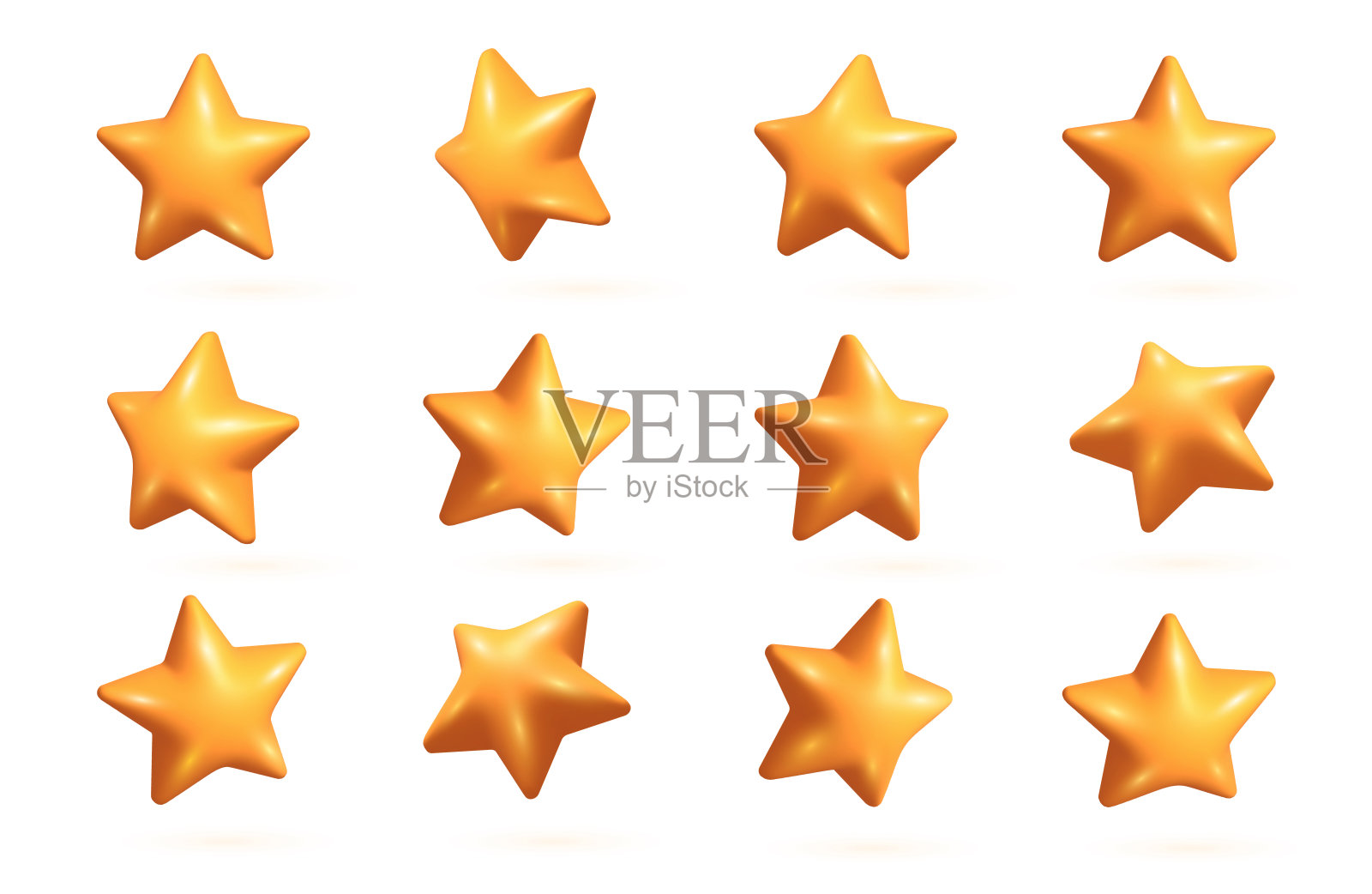 3D橙色星星集。现实的3d橙色星星设置从不同的角度。插画图片素材