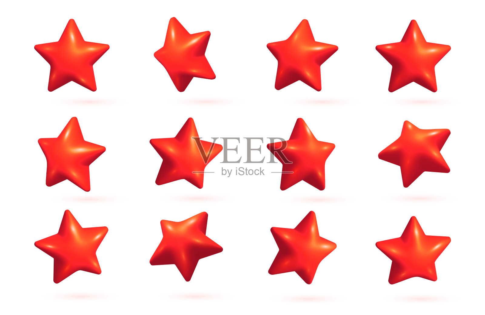 3D红星集。现实的3d红星设置从不同的角度。插画图片素材