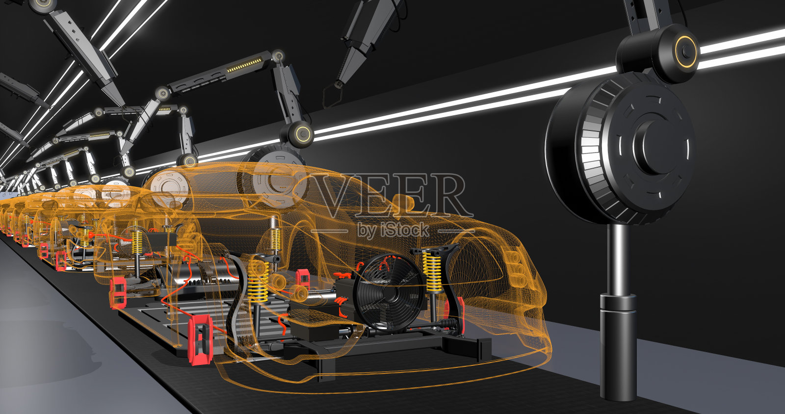 汽车制造中的机械臂。电子梦想成真。照片摄影图片