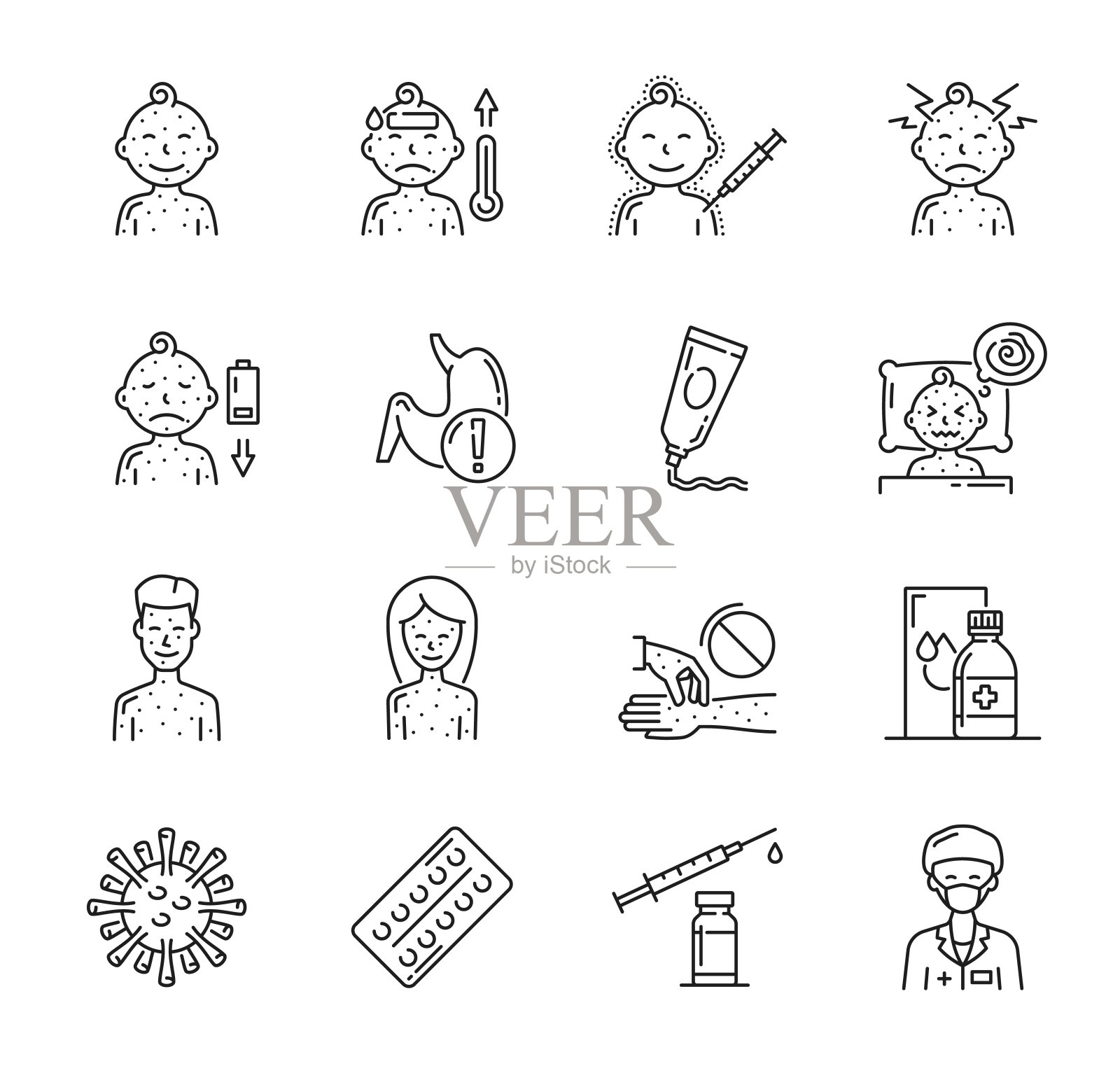 Chicken pox icons of virus disease symptoms插画图片素材