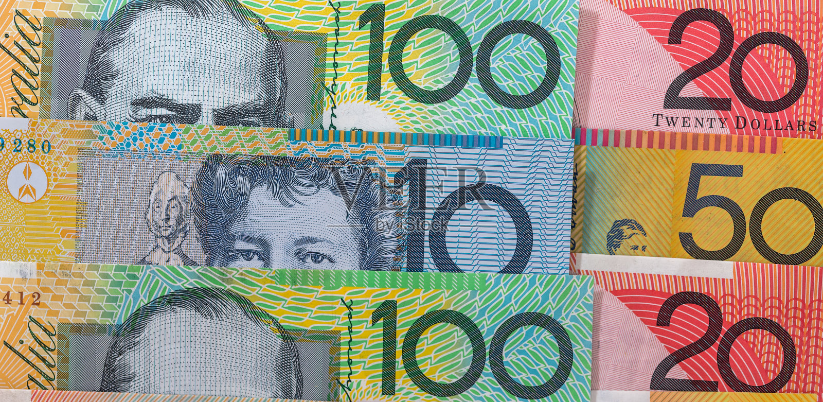 一排排的澳元钞票作为背景照片摄影图片