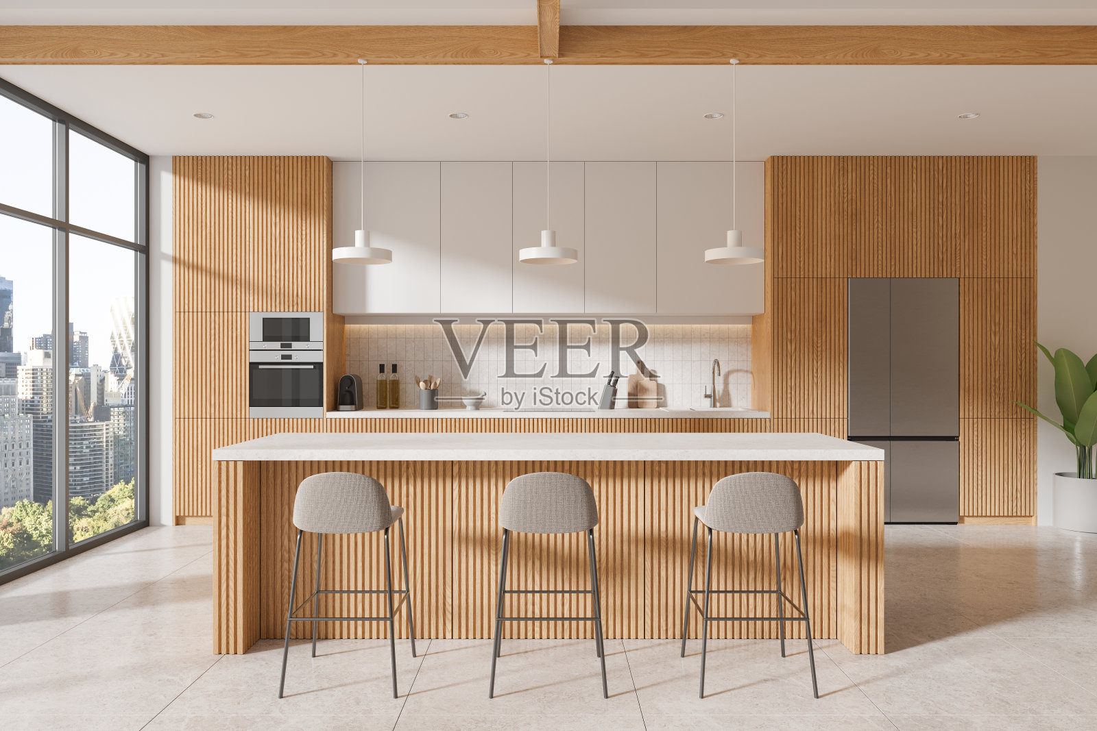 现代家庭厨房内部设有吧台和橱柜,全景窗照片摄影图片