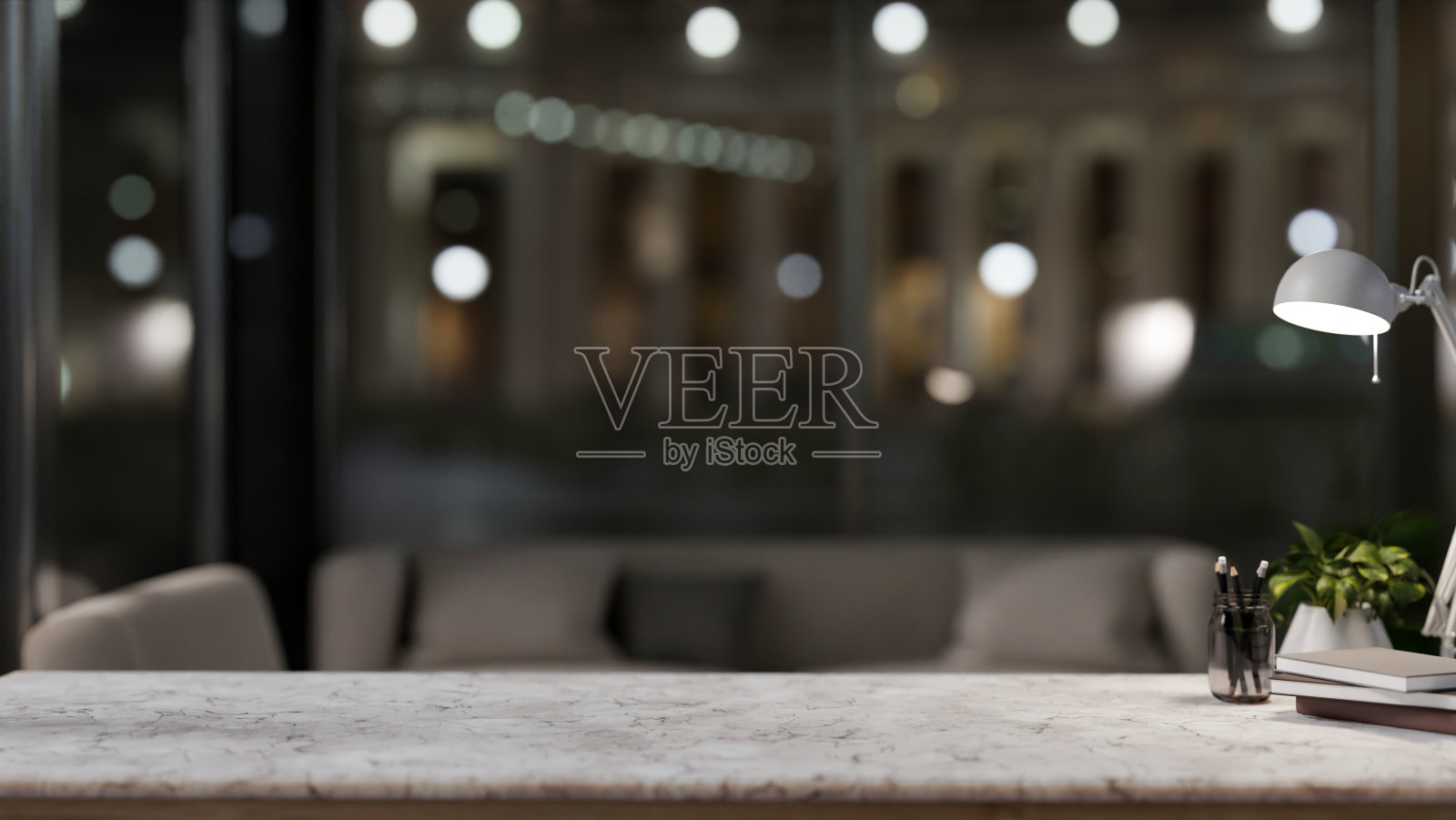 在现代客厅的白色大理石桌面上展示产品的空间。照片摄影图片