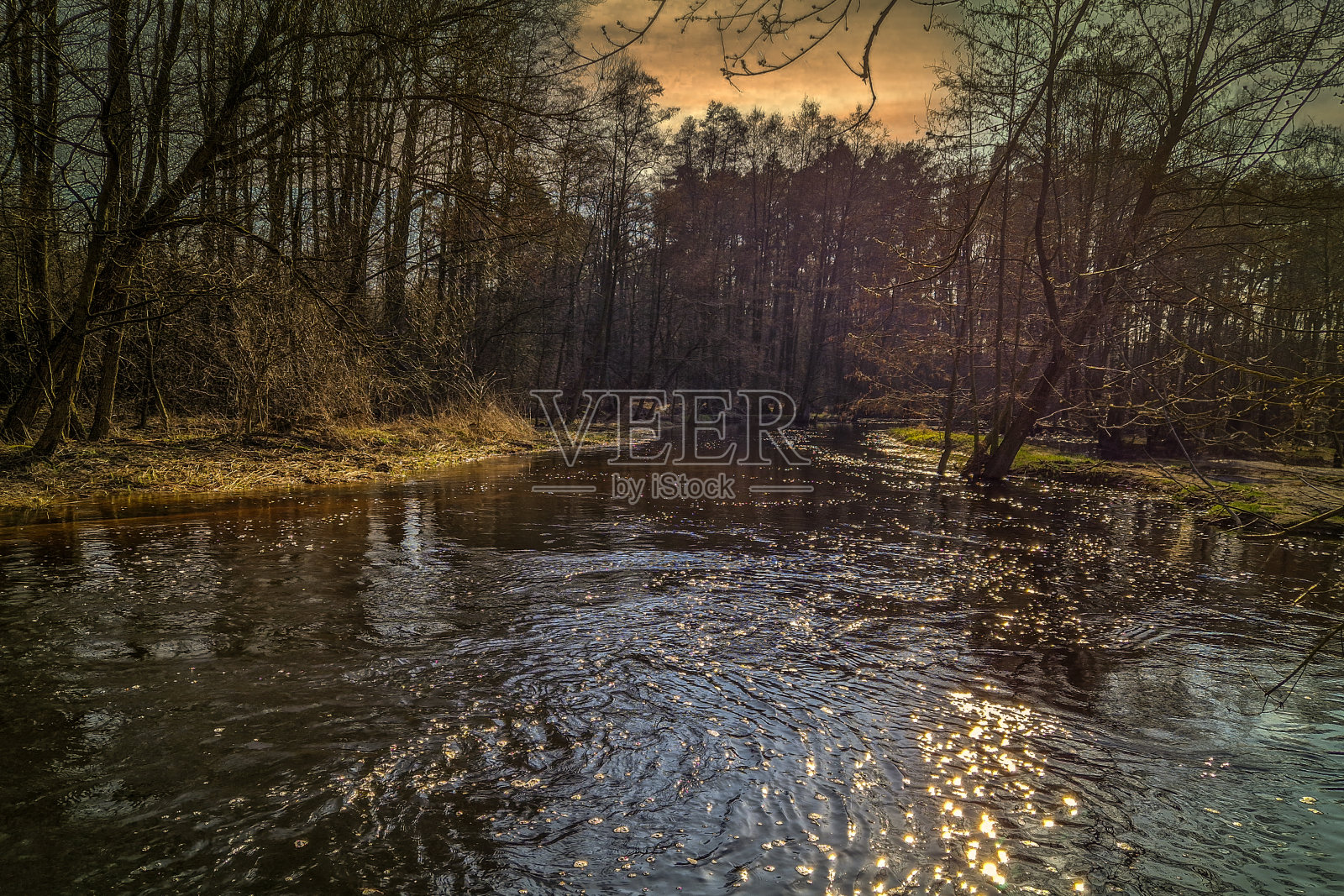夕阳下的一条小河,波兰。照片摄影图片