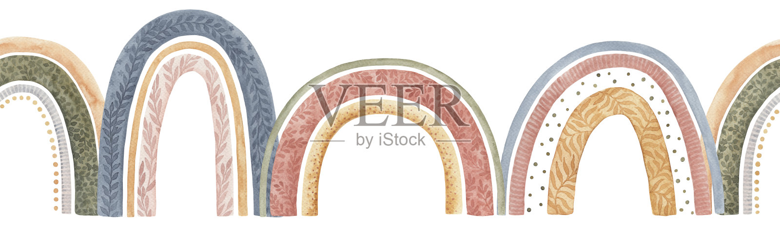 波希米亚彩虹无缝边界在白色背景水彩插图婴儿托儿所的设计。插画图片素材