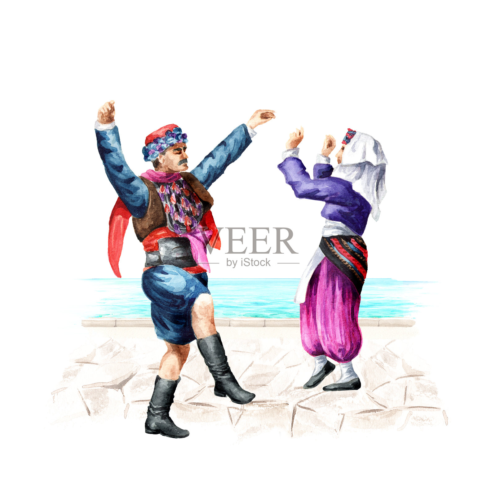 一对穿着民族服装的舞者在地中海土耳其奥斯曼安纳托利亚民间Zeybek舞的背景下跳舞,手绘水彩插图,孤立在白色背景上插画图片素材