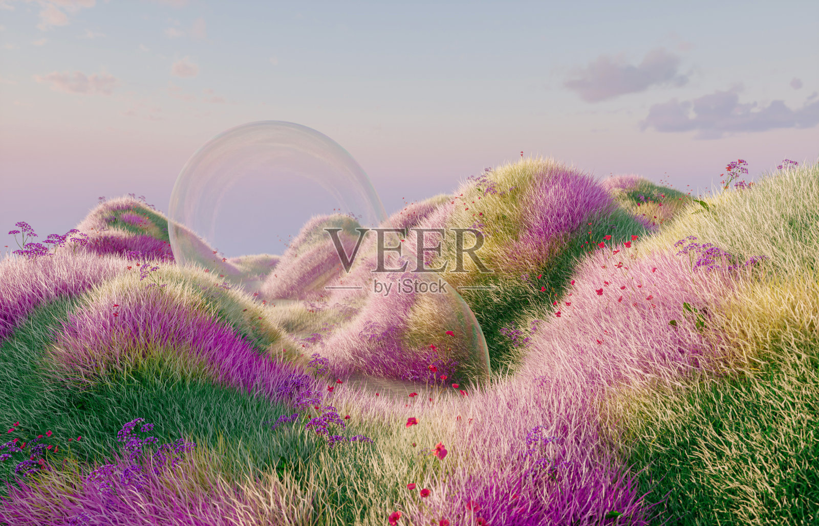 抽象的春花景观场景与水泡。3 d渲染。照片摄影图片