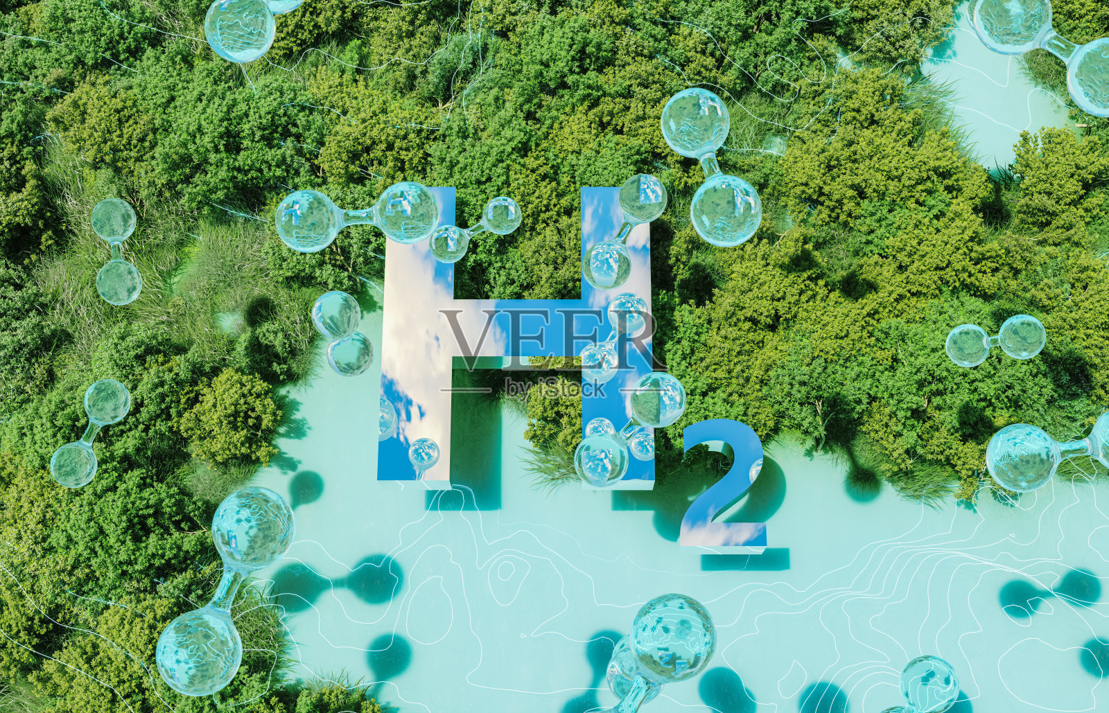氢H2图标符号与分子在绿色森林背景。可持续能源概念。3 d渲染。照片摄影图片