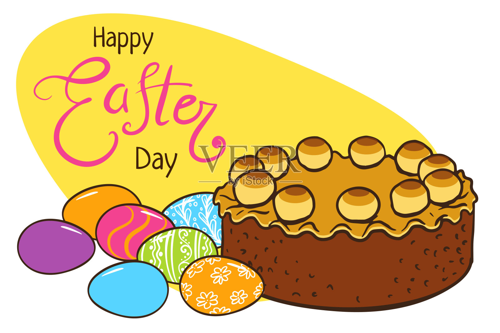 复活节快乐贺卡模板。复活节传统面包店烹饪书,贺卡,海报,邀请,横幅,菜单设计。鸡蛋,复活节面包,蛋糕。手绘涂鸦插图插画图片素材